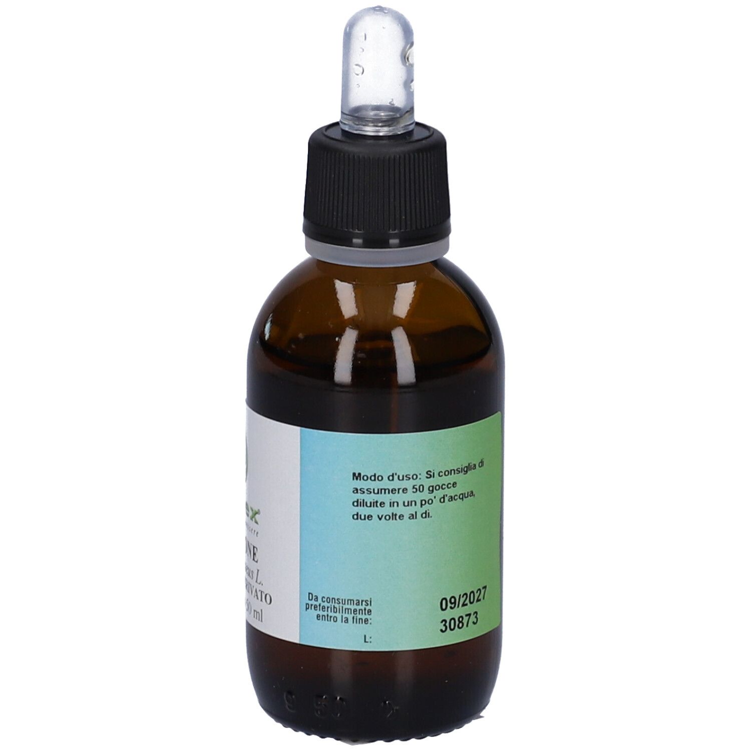 Flacone di vetro marrone con tappo nero e contagocce. Etichetta con istruzioni per l'uso. Flacone.