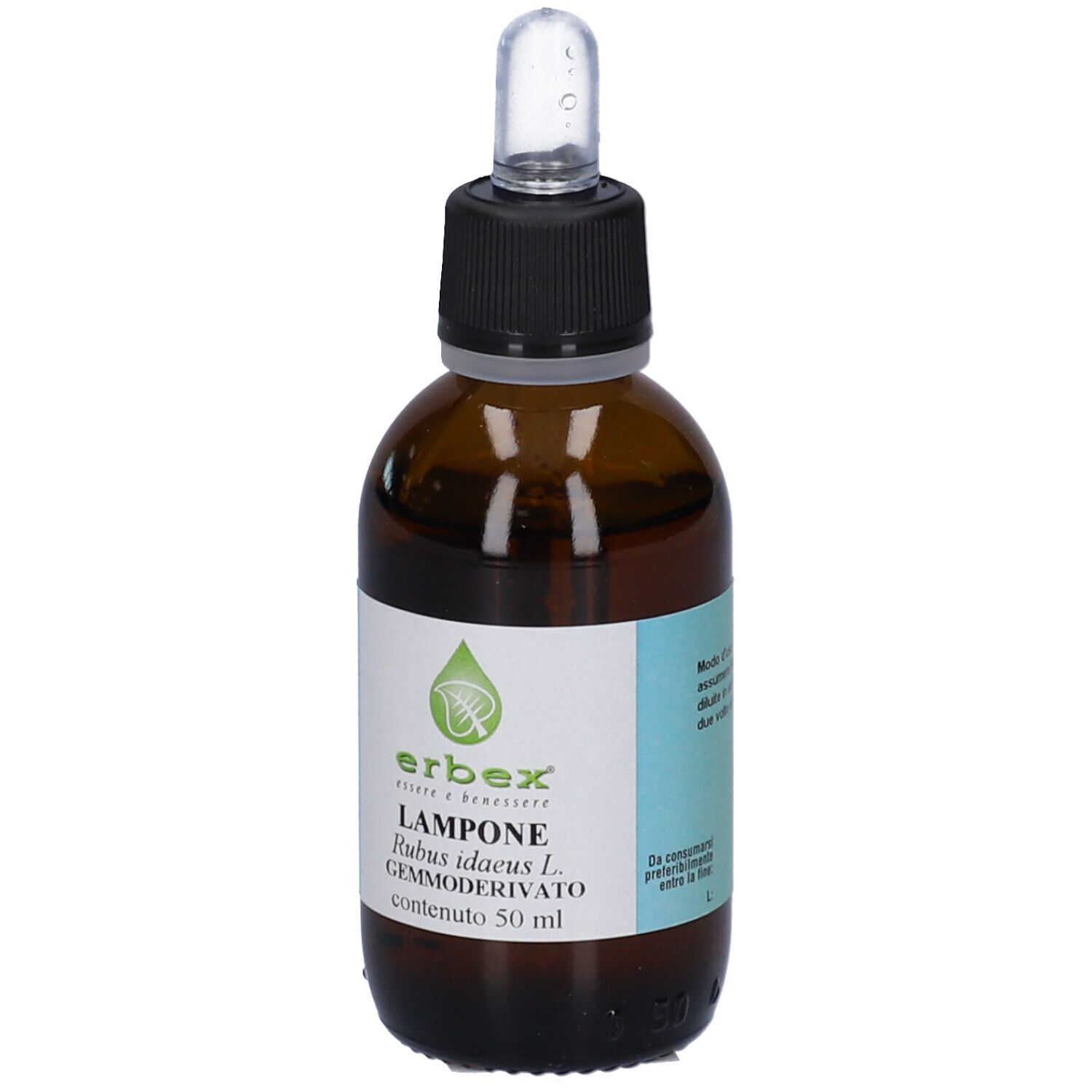 Flacone di vetro marrone con tappo nero e contagocce. Etichetta con nome del prodotto e logo. Flacone.