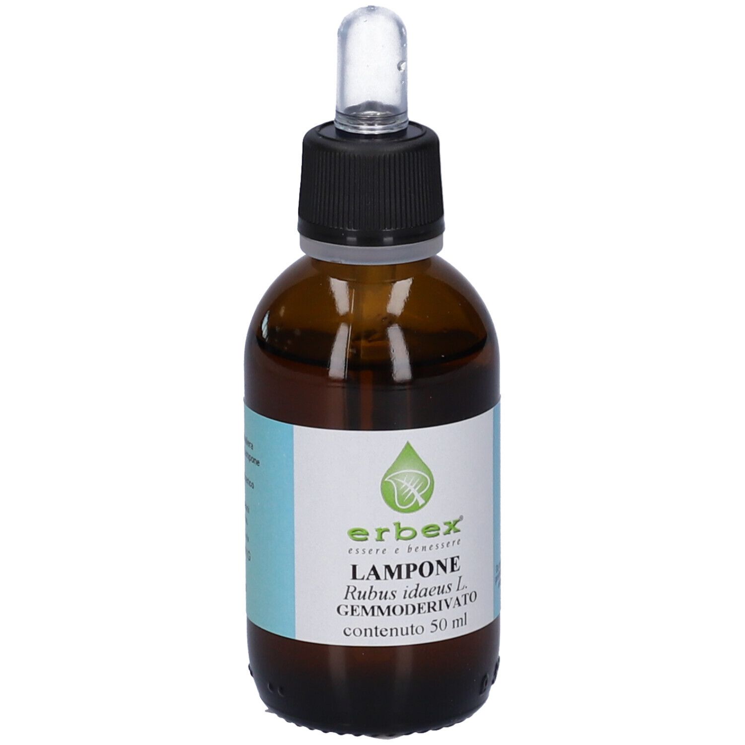 Flacone di vetro marrone con tappo nero e contagocce. Etichetta con nome del prodotto e logo. Flacone.