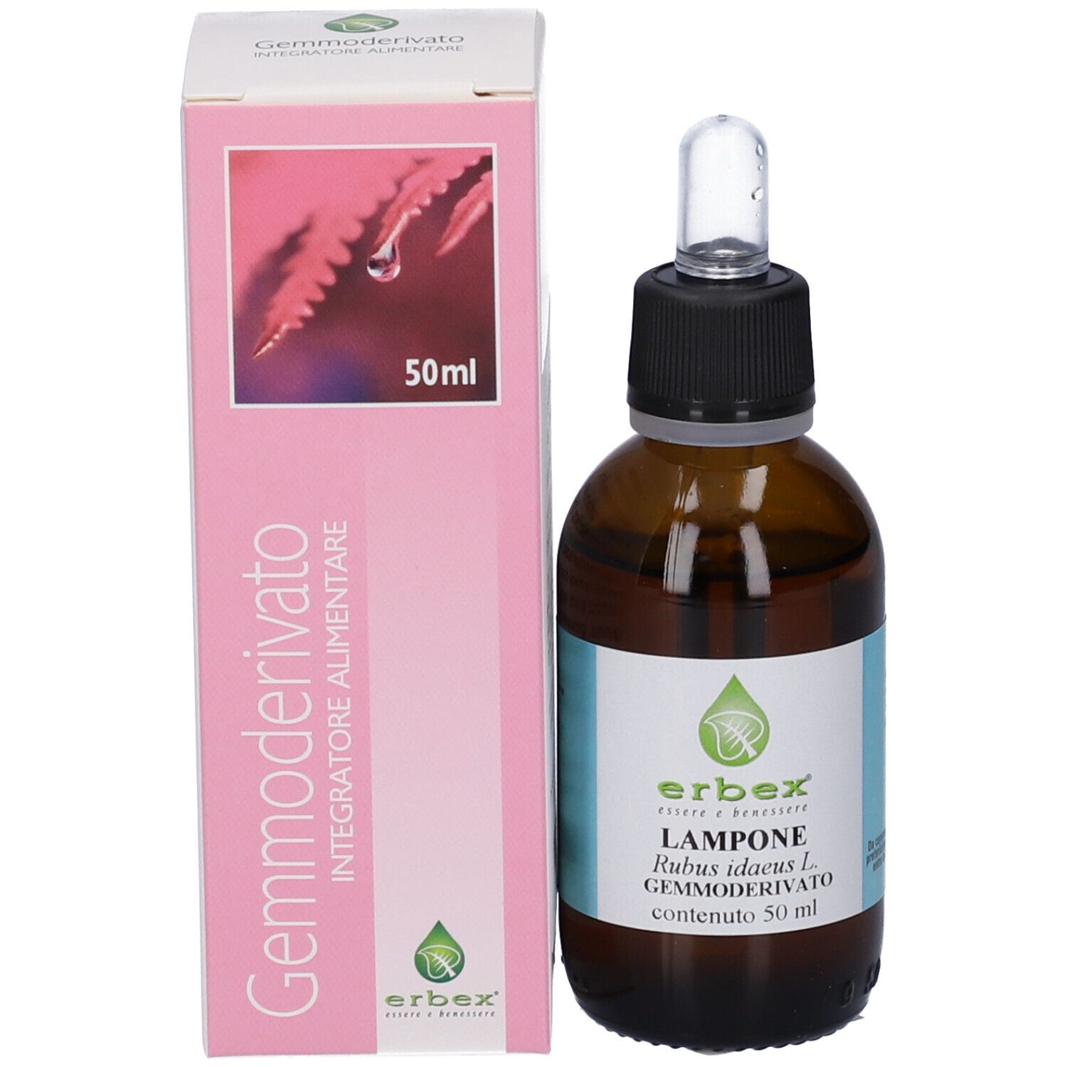 Flacone di vetro marrone con tappo nero e contagocce, accanto a una scatola rosa. Scatola con nome del prodotto.