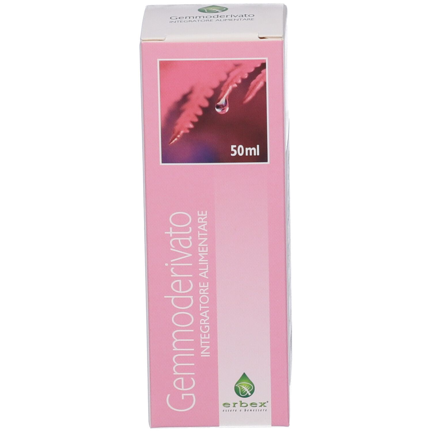 Scatola rosa con nome del prodotto e logo. Flacone. 50ml.