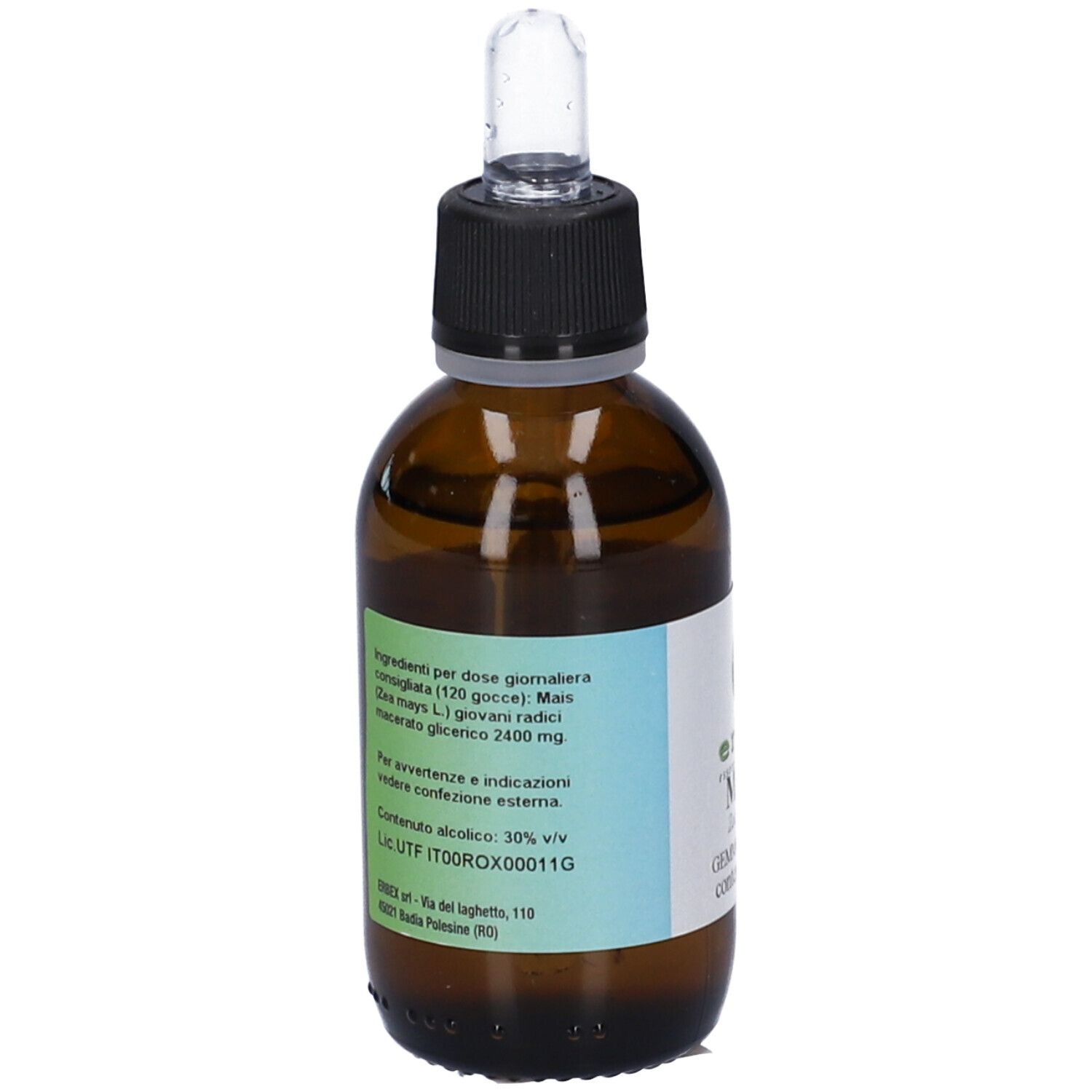 Flacone di vetro marrone con etichetta. Testo: ingredienti, dosaggio, avvertenze. Contiene Mais. 50 ml.