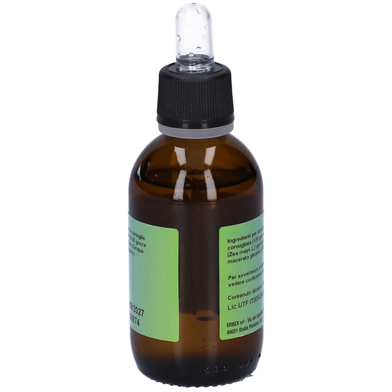 Flacone di vetro marrone con etichetta. Testo: ingredienti, avvertenze. Contiene Mais. 50 ml.