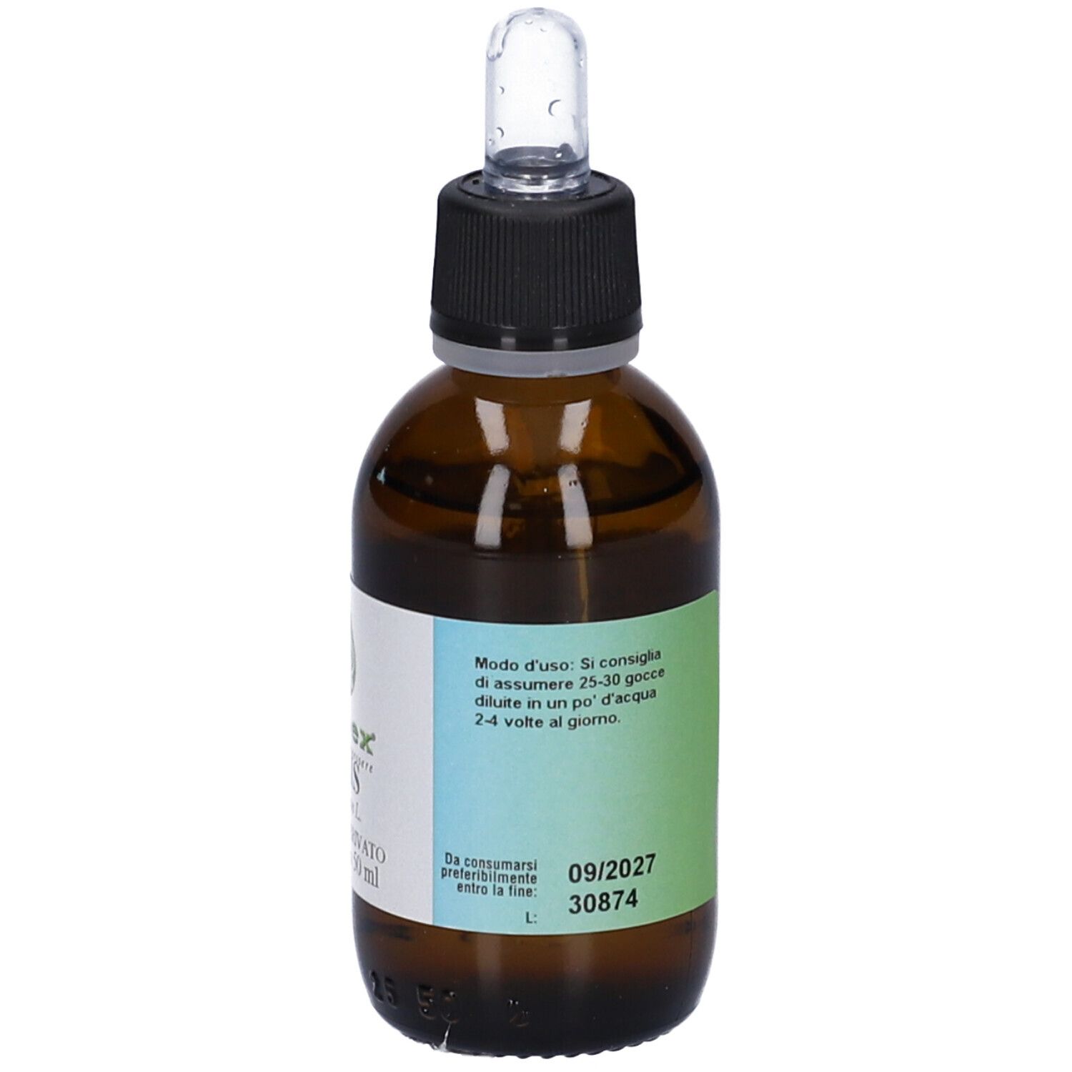 Flacone di vetro marrone con etichetta. Testo: istruzioni per l'uso, scadenza 09/2027. Contiene Mais. 50 ml.