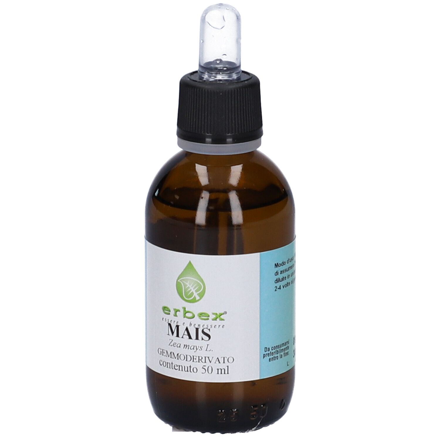 Flacone di vetro marrone con tappo nero e contagocce. Etichetta con nome prodotto Mais e logo. 50 ml.
