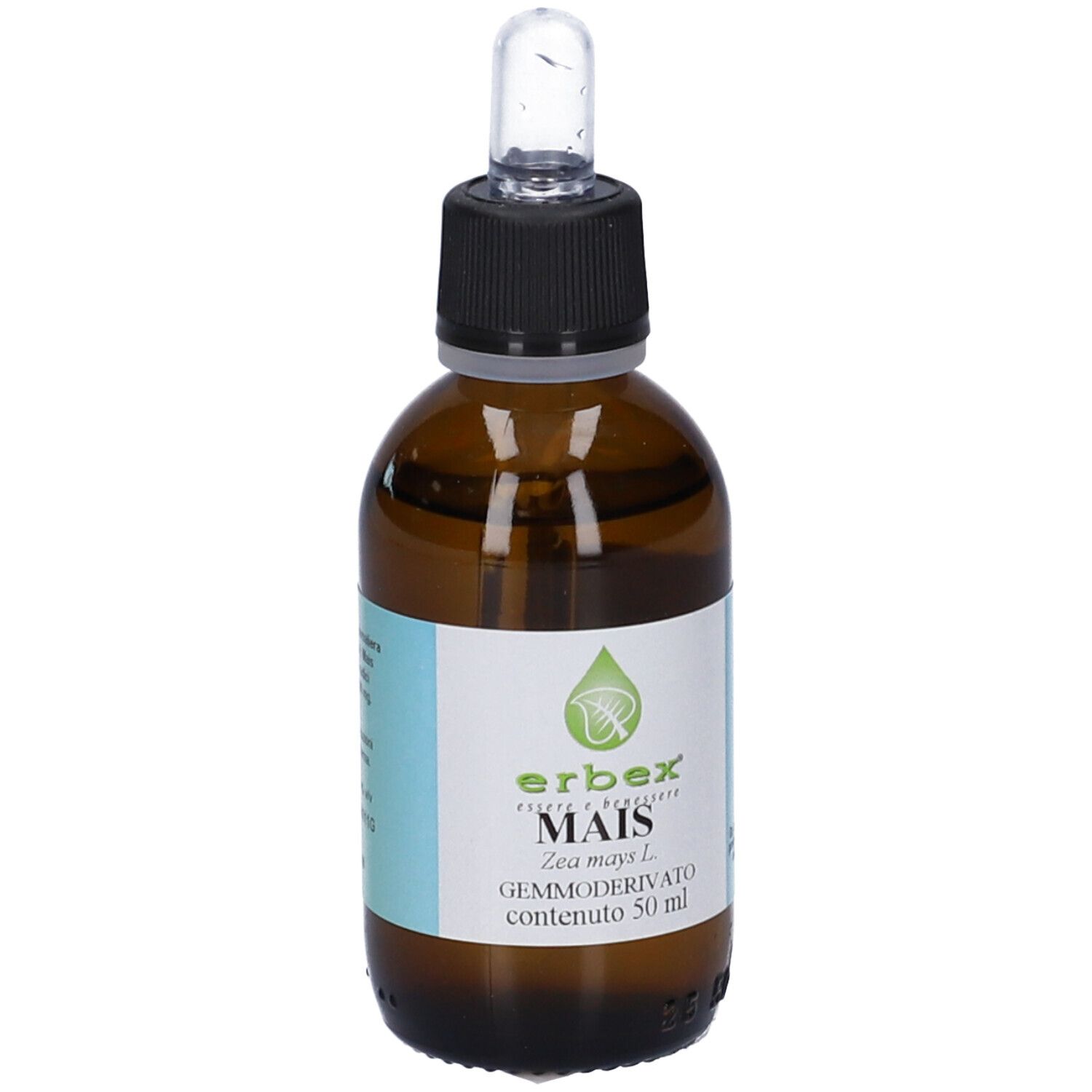 Flacone di vetro marrone con tappo nero e contagocce. Etichetta con nome prodotto Mais e logo. 50 ml.