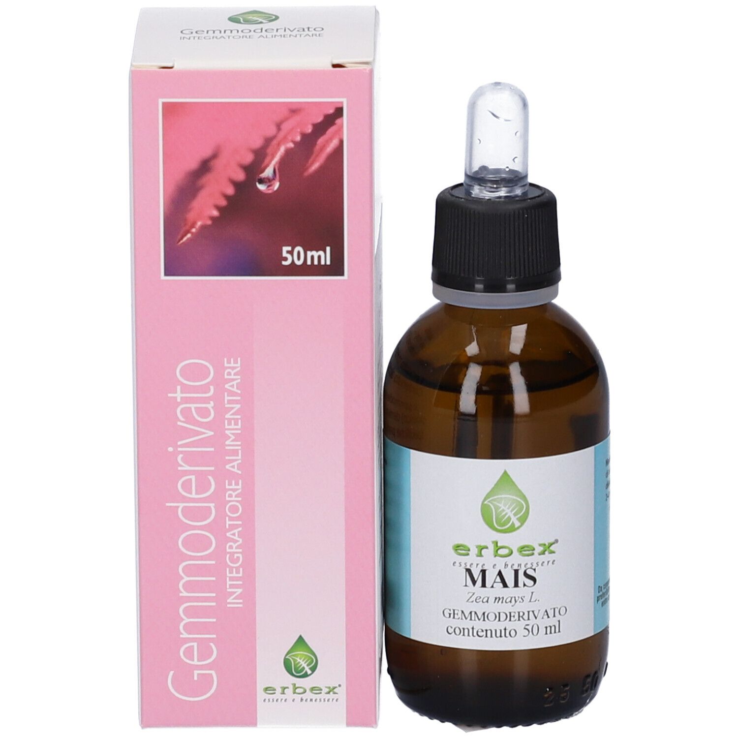 Flacone e confezione. Flacone: vetro marrone, contagocce. Confezione: rosa, testo: Gemmoderivato, 50 ml.