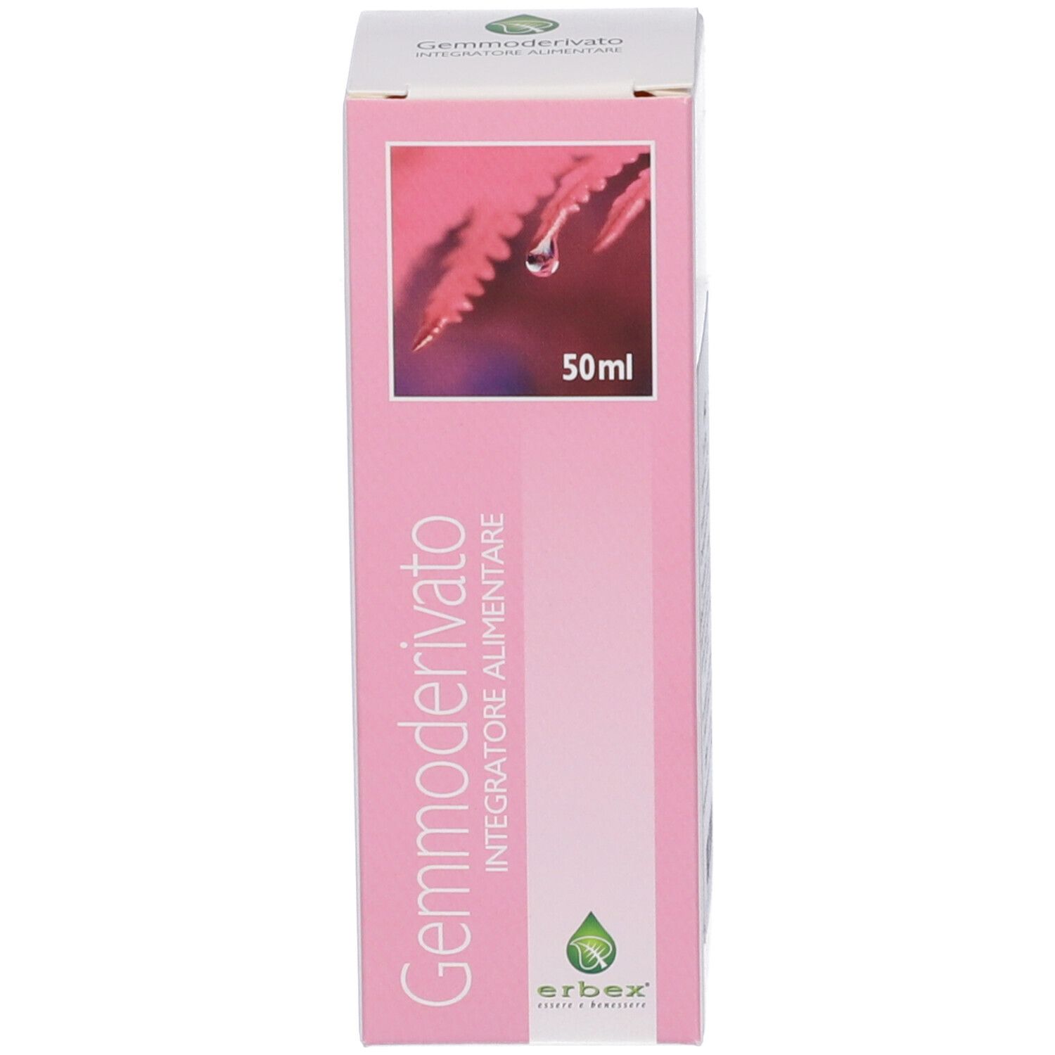 Confezione rosa con testo: Gemmoderivato, 50 ml. Logo. Immagine di una foglia con goccia d'acqua.