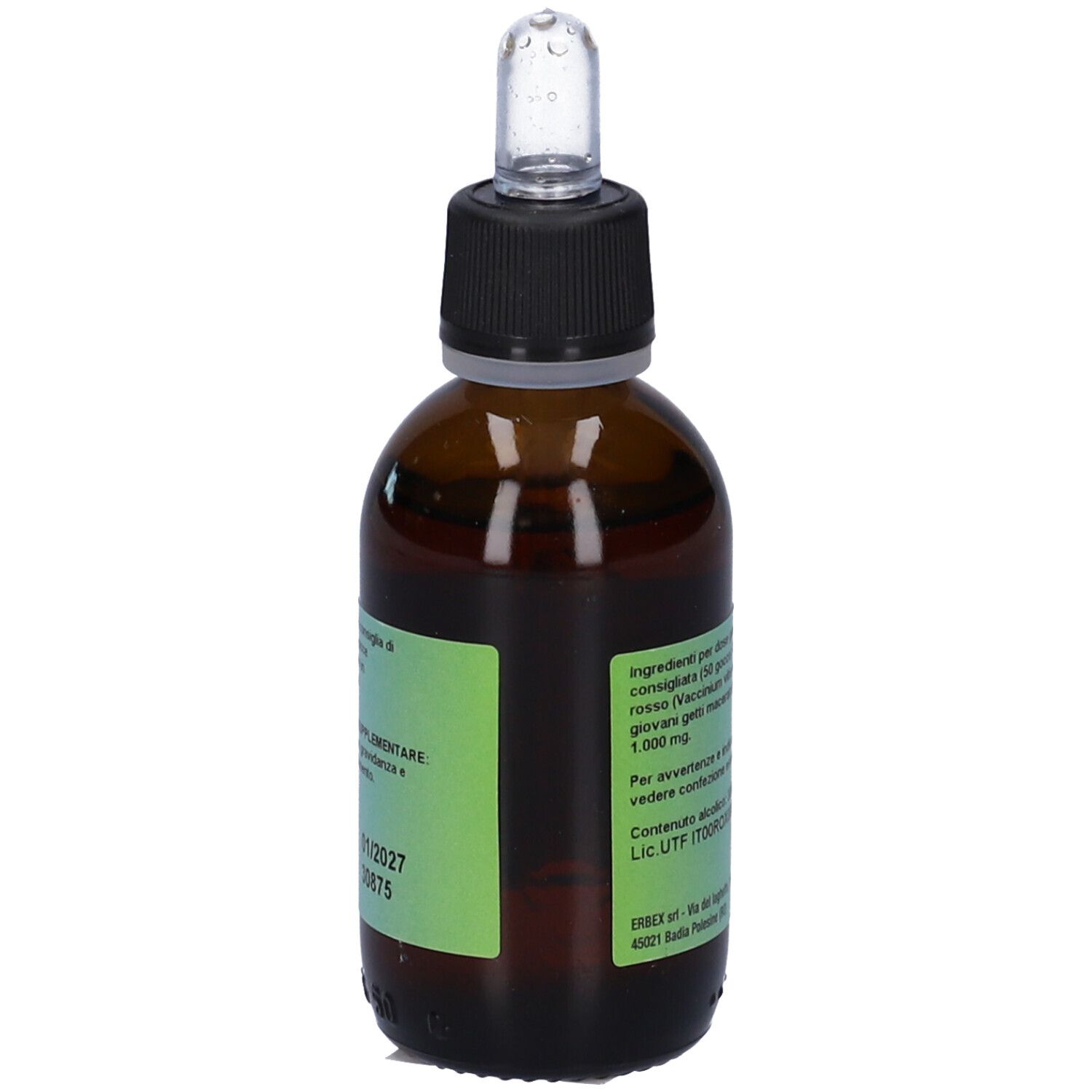 Flacone di vetro marrone con tappo nero e contagocce. Etichetta con informazioni e dettagli verdi.