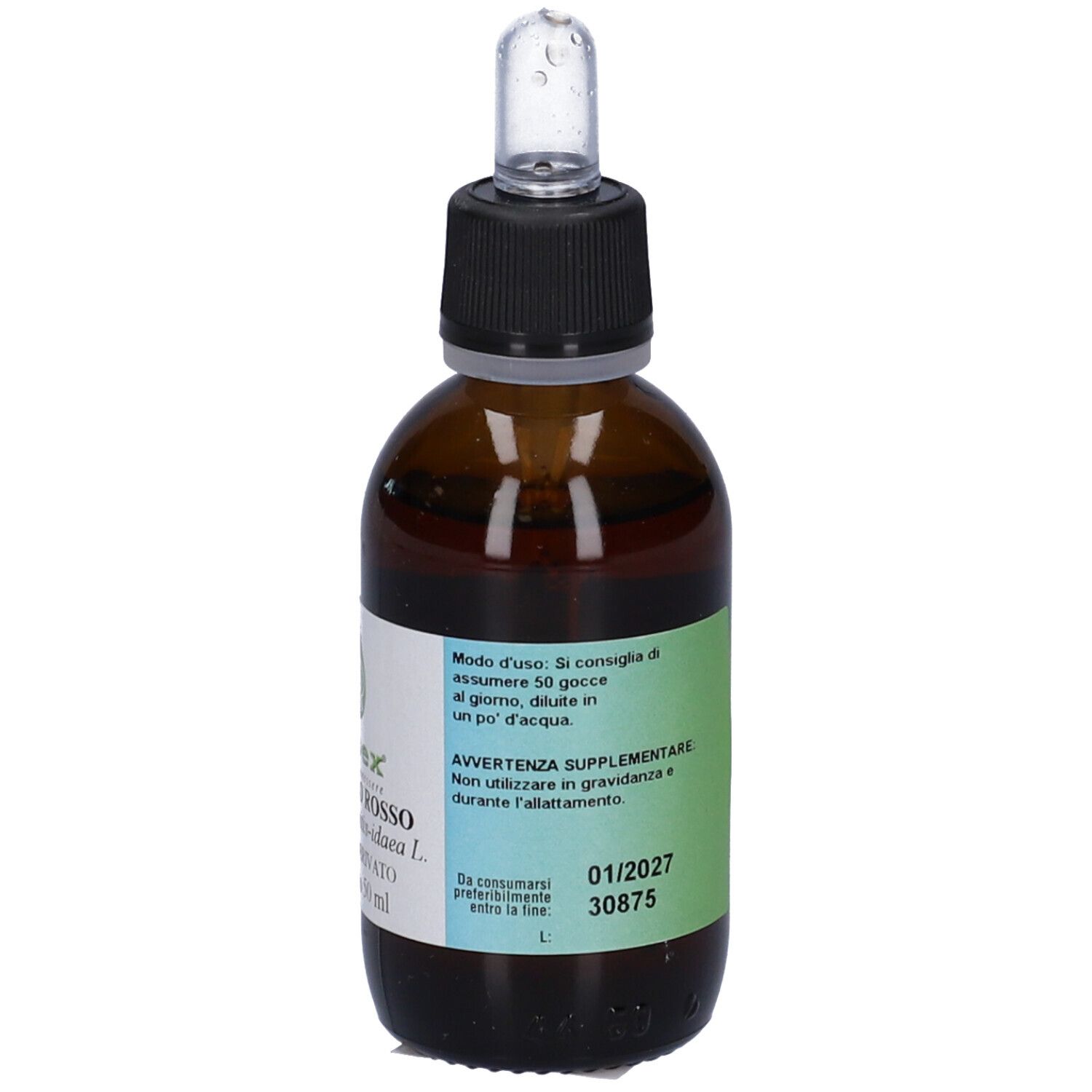 Flacone di vetro marrone con tappo nero e contagocce. Etichetta con informazioni e dettagli verdi.
