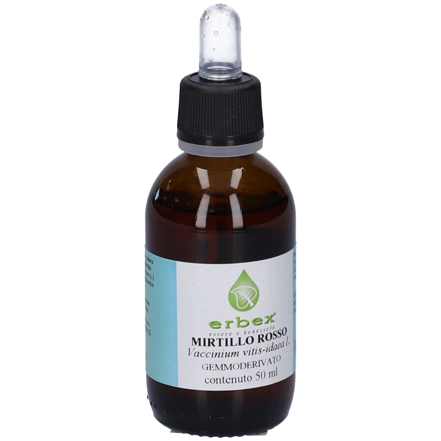 Flacone di vetro marrone con tappo nero e contagocce. Etichetta con informazioni sul prodotto e logo.