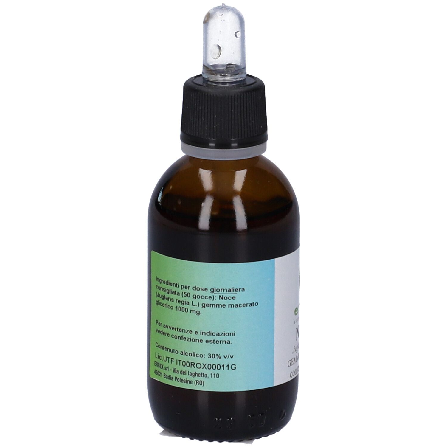 Flacone di vetro marrone con contagocce. Etichetta con testo. Contiene 50 ml. Contagocce in vetro e plastica nera. Vista posteriore.