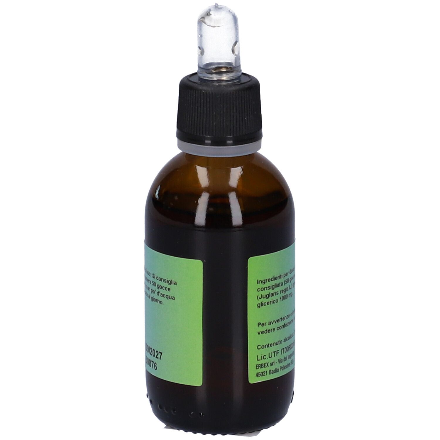 Flacone di vetro marrone con contagocce. Etichetta con testo. Contiene 50 ml. Contagocce in vetro e plastica nera. Vista posteriore.