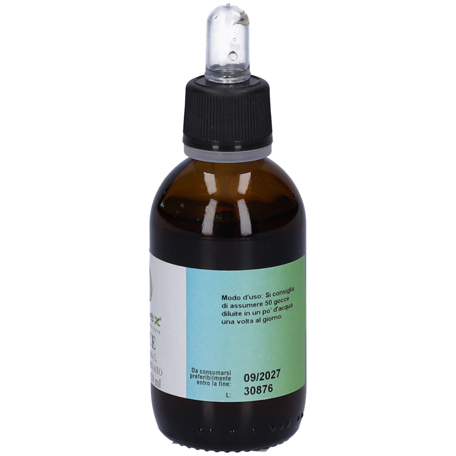 Flacone di vetro marrone con contagocce. Etichetta con testo. Contiene 50 ml. Contagocce in vetro e plastica nera. Vista posteriore.