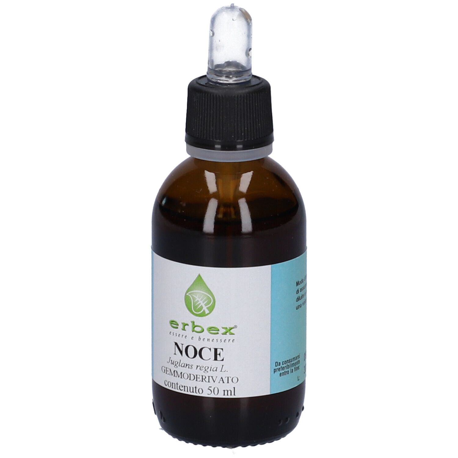 Flacone di vetro marrone con contagocce. Etichetta con logo e testo. Contiene 50 ml. Contagocce in vetro e plastica nera.