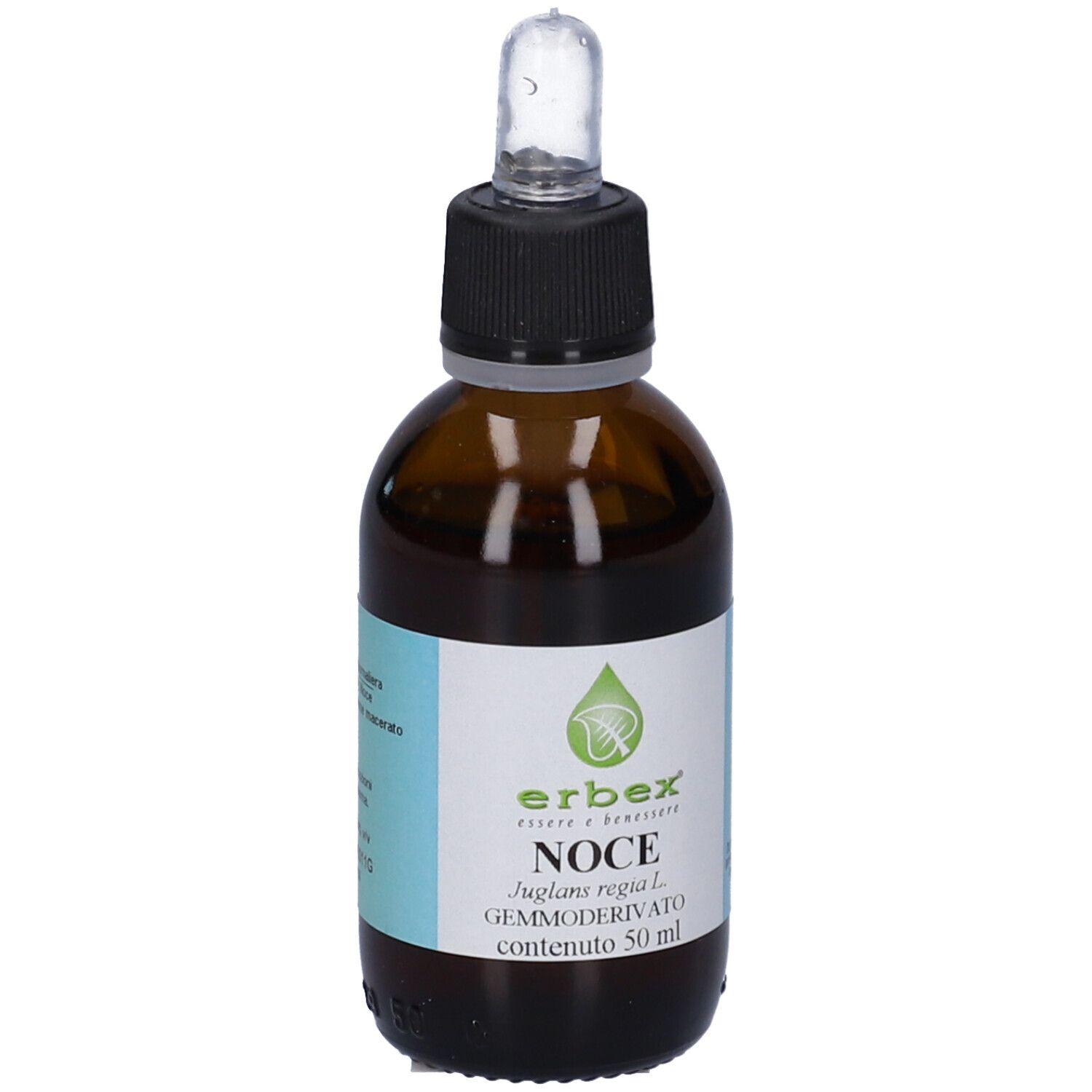 Flacone di vetro marrone con contagocce. Etichetta con logo e testo. Contiene 50 ml. Contagocce in vetro e plastica nera.