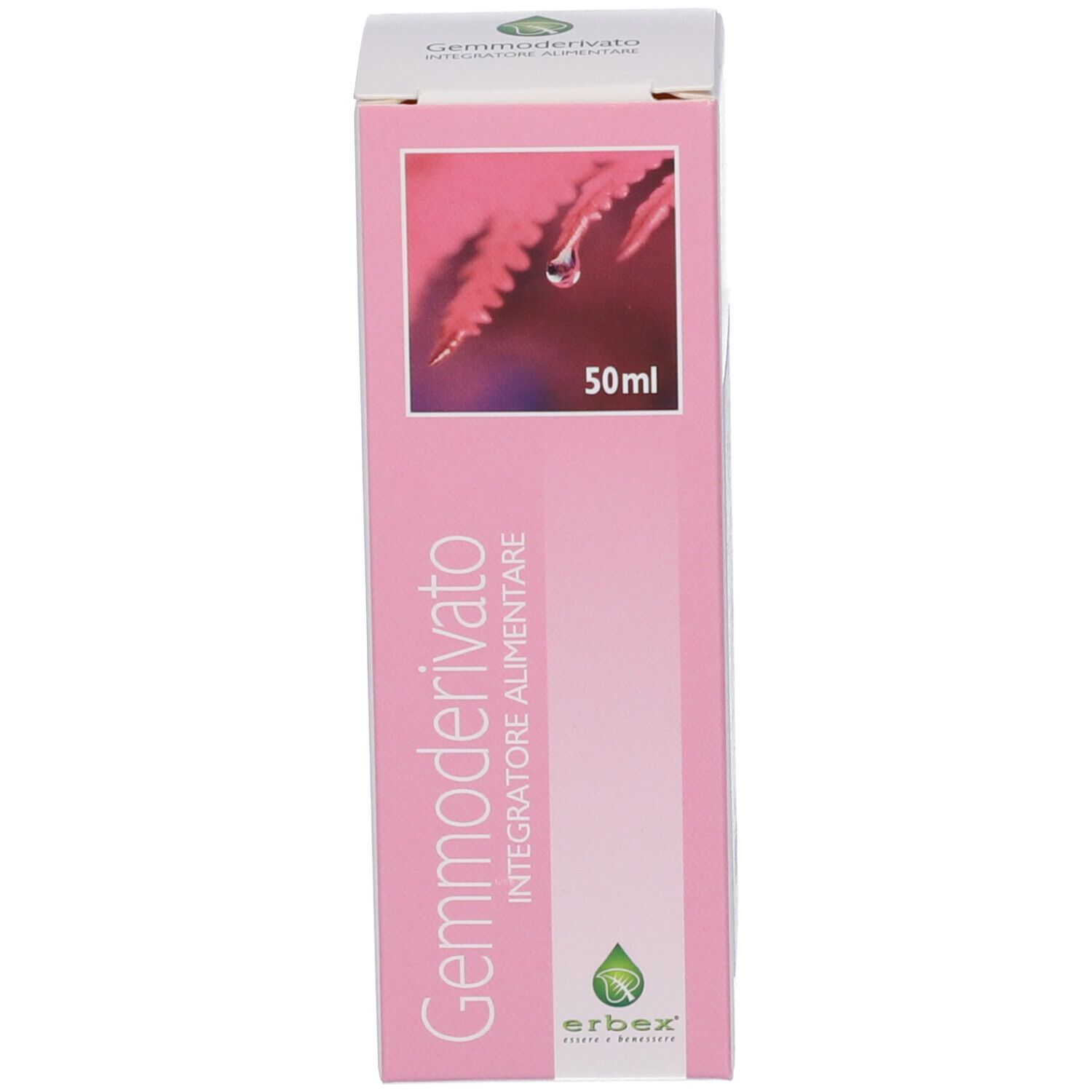 Scatola rosa con testo e logo. Contiene 50 ml. Motivo a goccia. Sfondo bianco.
