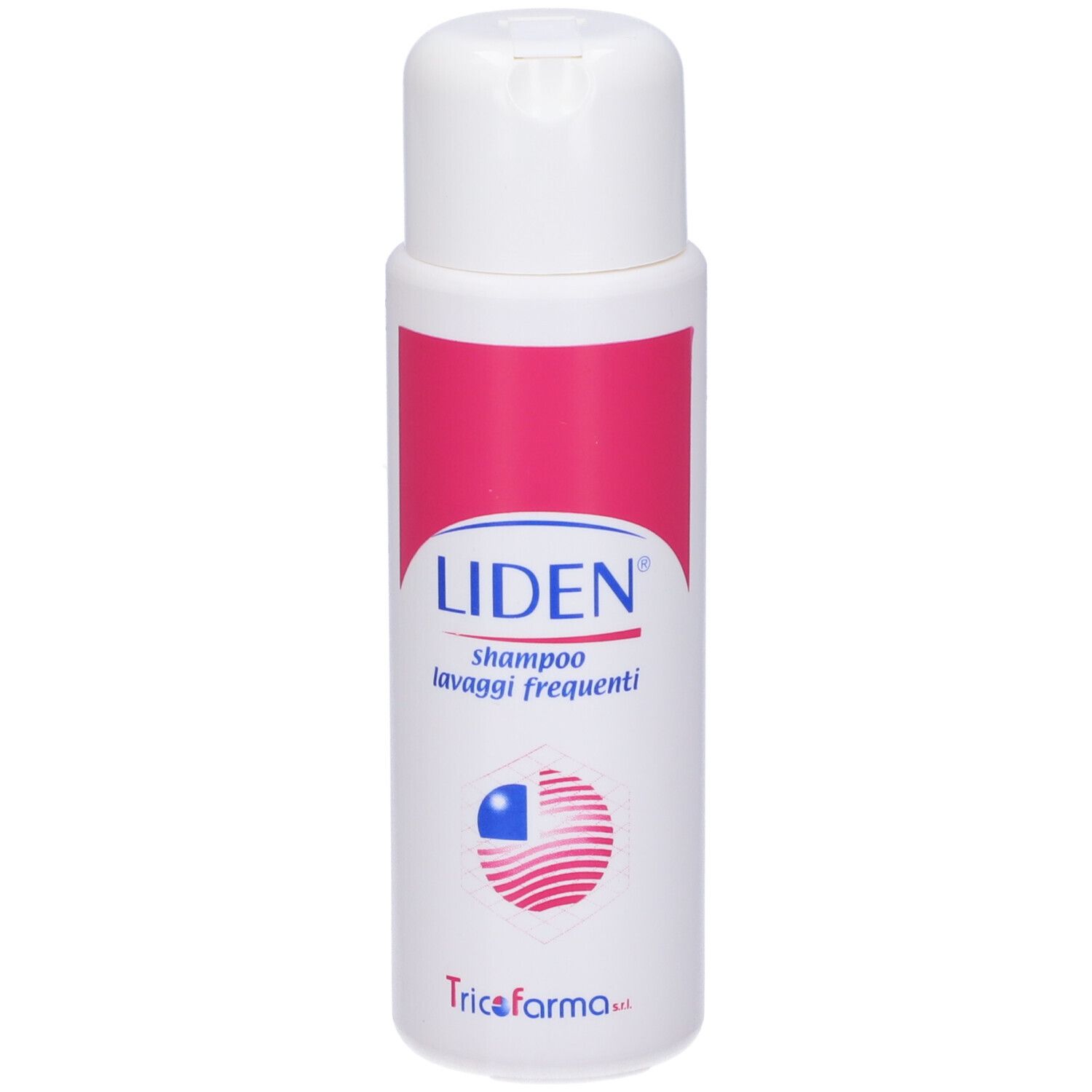 Flacone di shampoo bianco con fascia rosa. Scritta Liden, Shampoo Lavaggi Frequenti. Logo e marchio.