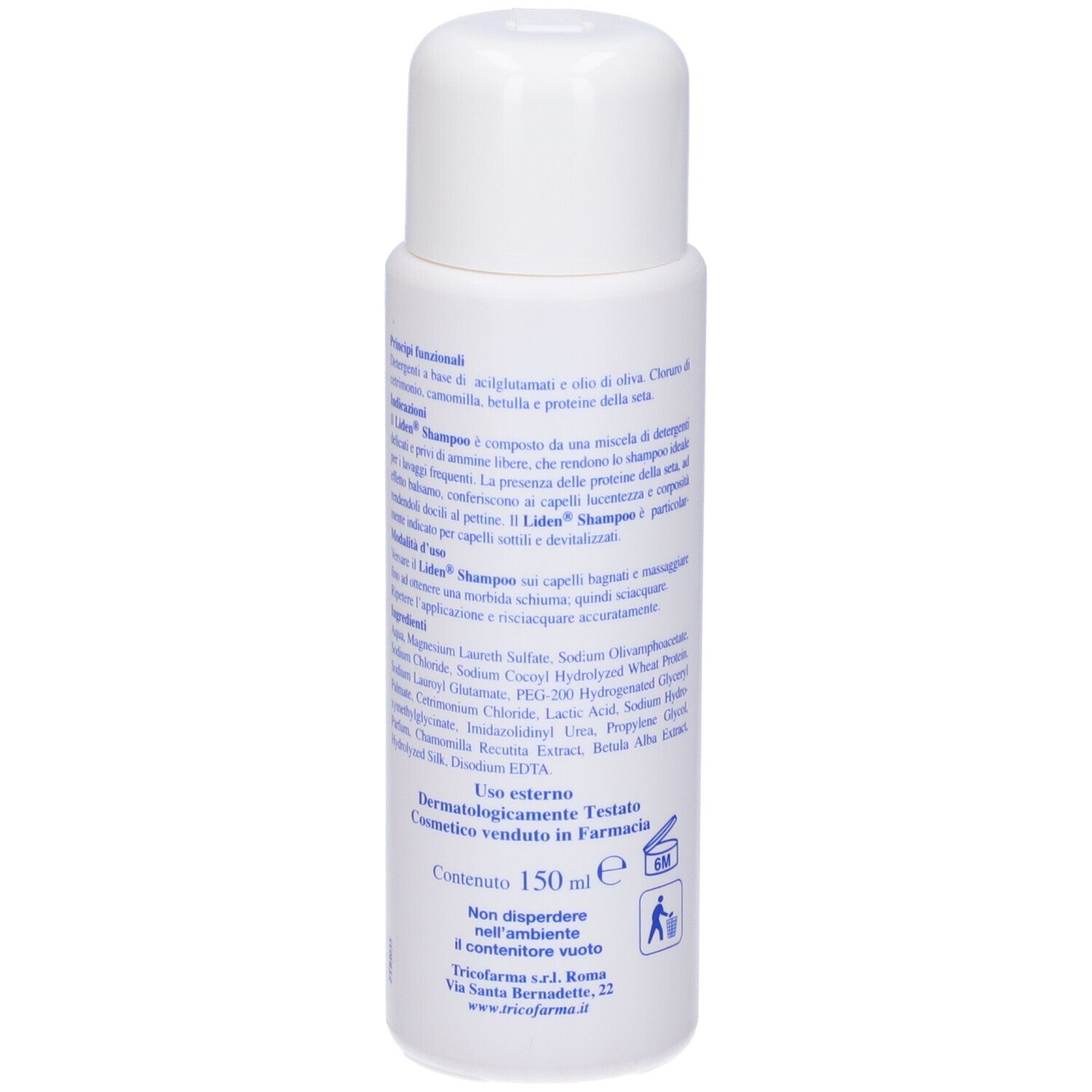 Retro del flacone di shampoo. Testo con ingredienti e istruzioni. Sfondo bianco con accenti rosa.