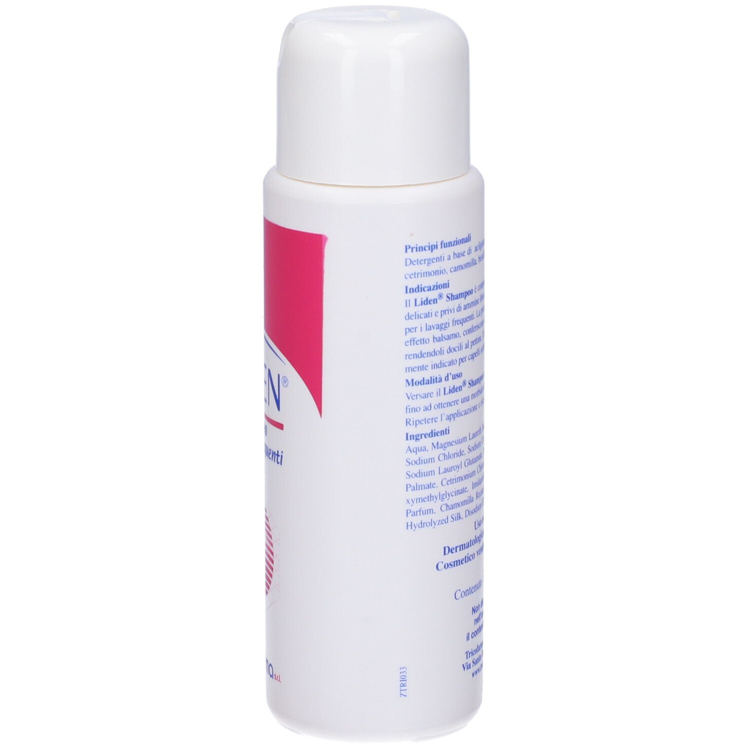 Lato del flacone di shampoo. Testo con ingredienti e istruzioni. Sfondo bianco con accenti rosa.