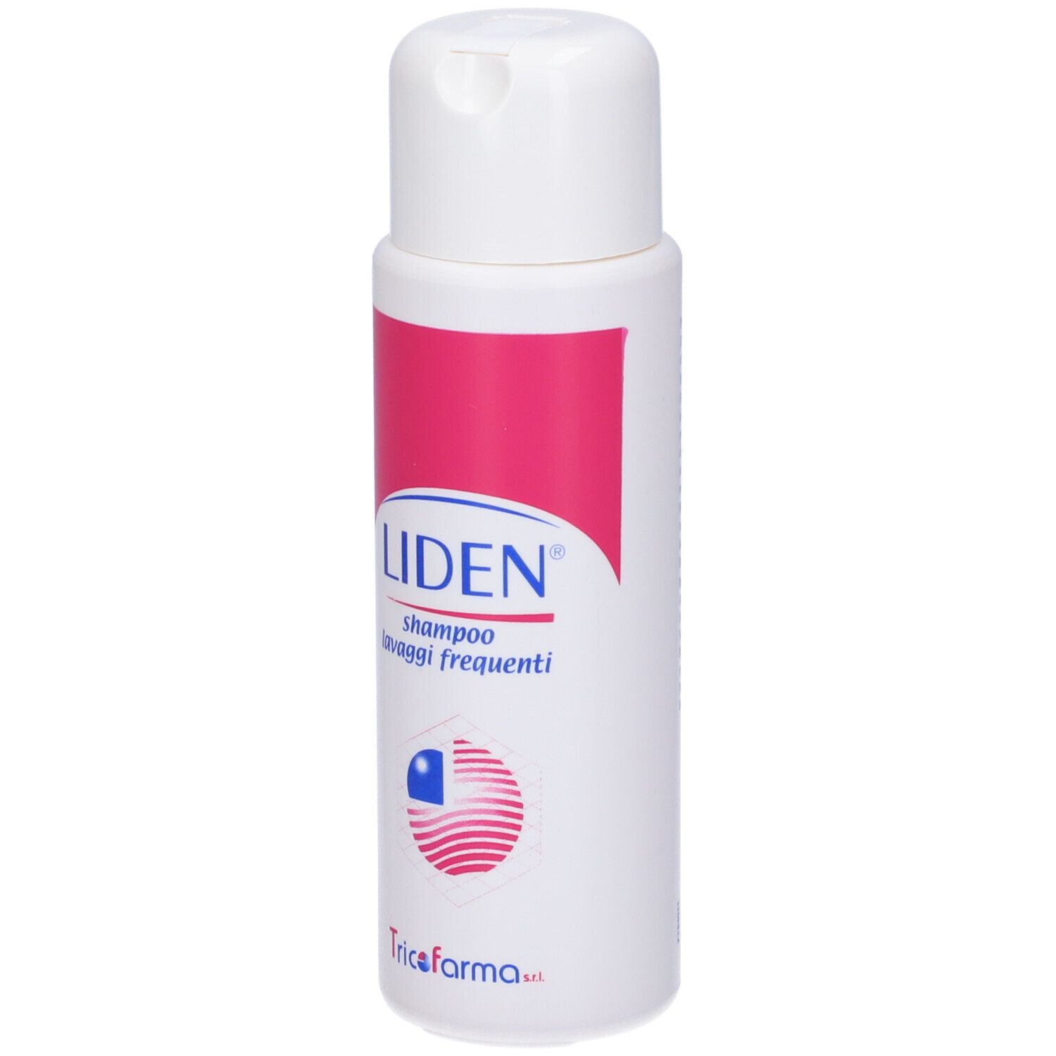 Flacone di shampoo bianco con fascia rosa. Scritta Liden, Shampoo Lavaggi Frequenti. Logo e marchio.