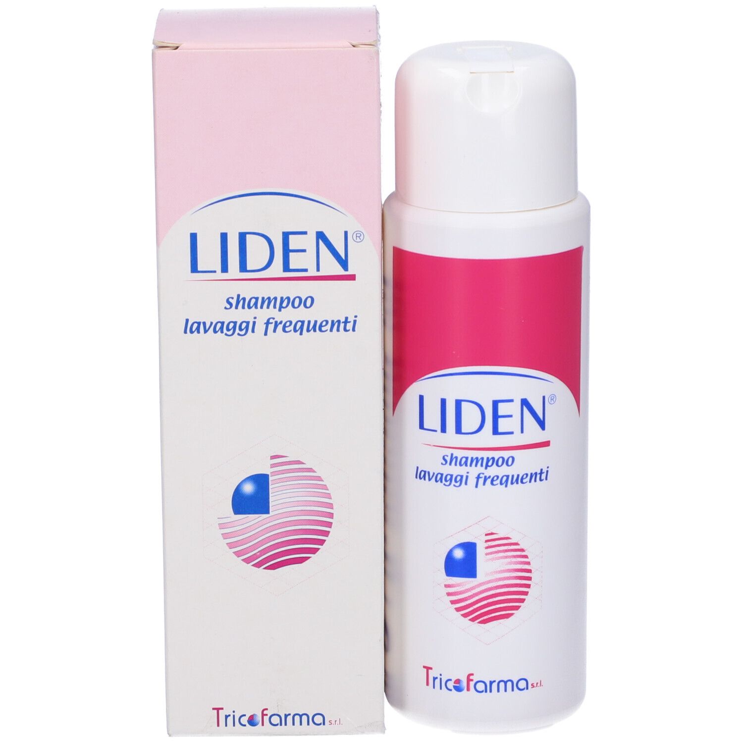 Shampoo Liden e confezione. Shampoo bianco con fascia rosa. Confezione con nome del prodotto e logo.