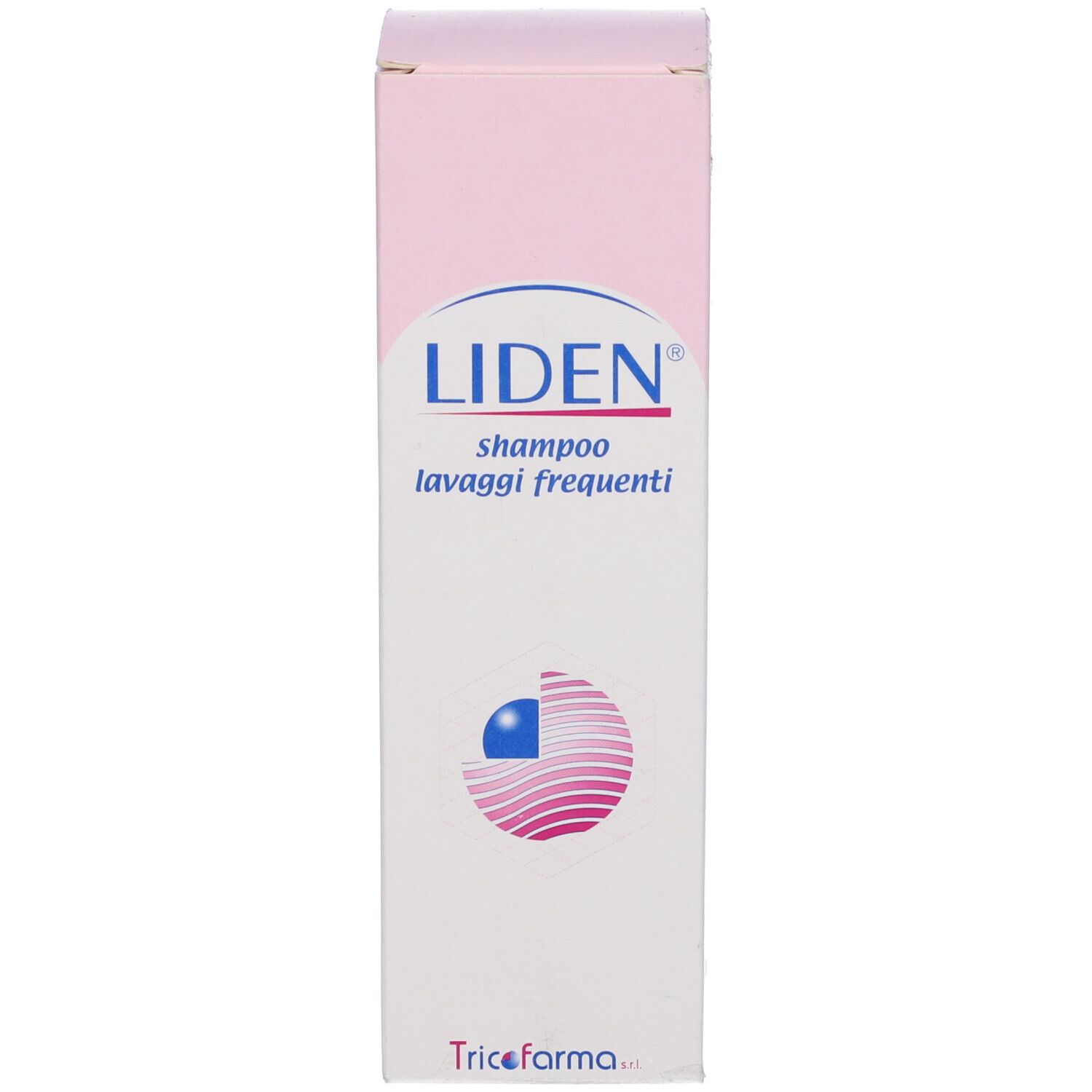 Confezione per shampoo Liden. Rosa e bianco. Nome del prodotto e logo.
