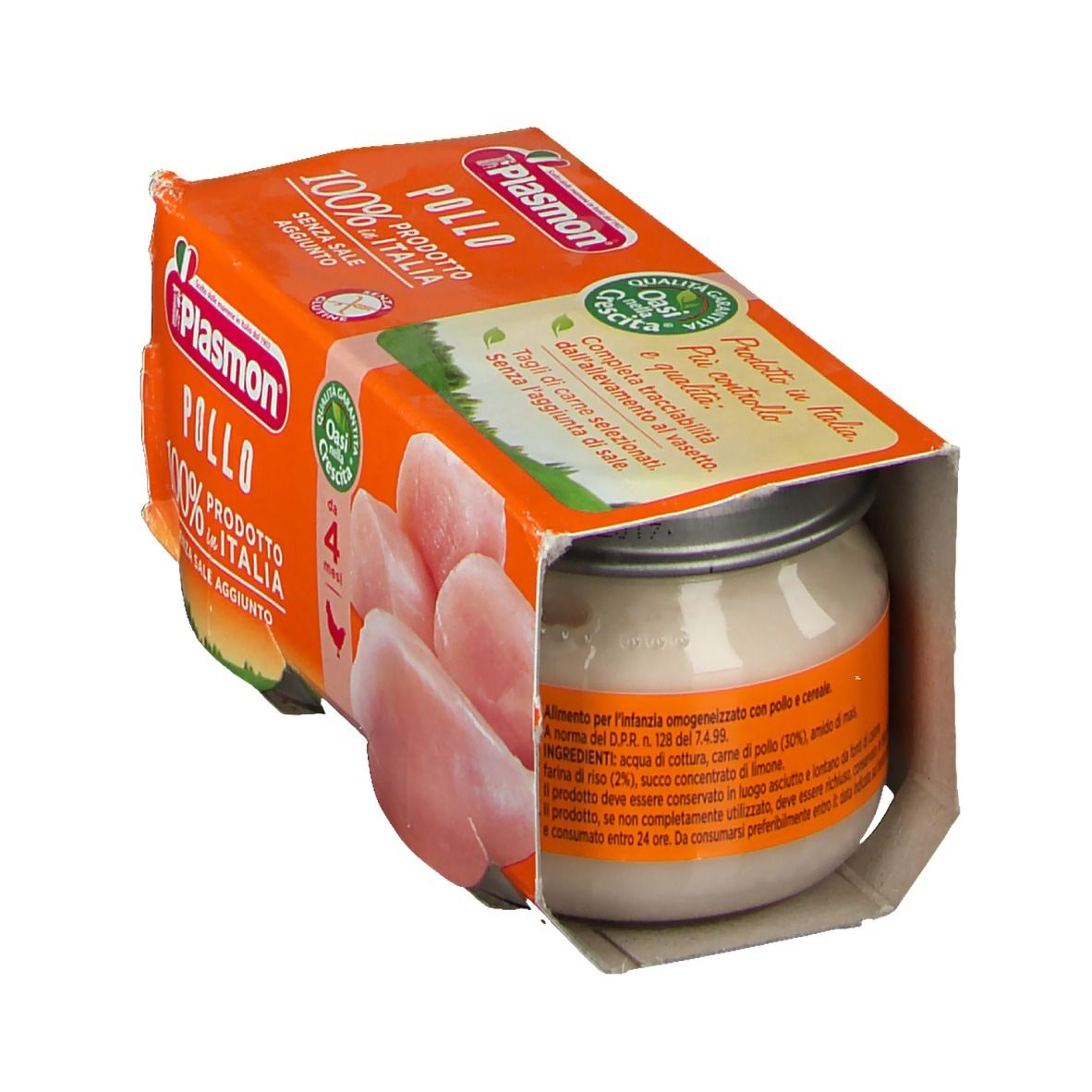 Vasetto Plasmon® Pollo in confezione di cartone. Scritta: 100% Italia, senza sale aggiunto. Pezzi di pollo.