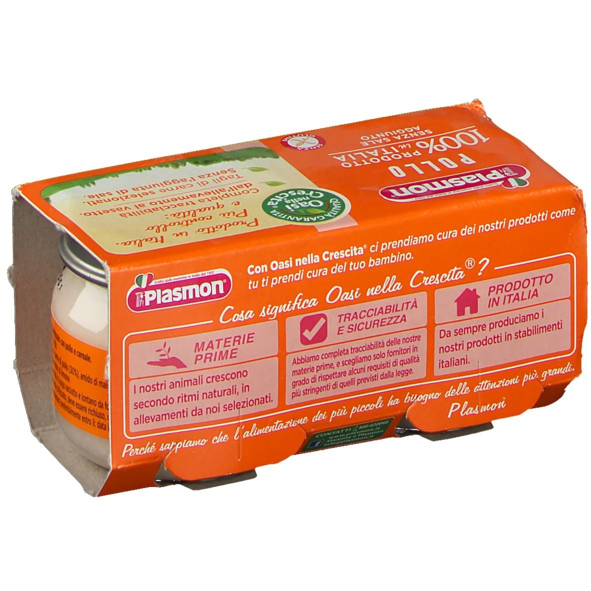Retro confezione Plasmon® Pollo. Testo su ingredienti, origine e qualità. Logo: Oasi nella Crescita.