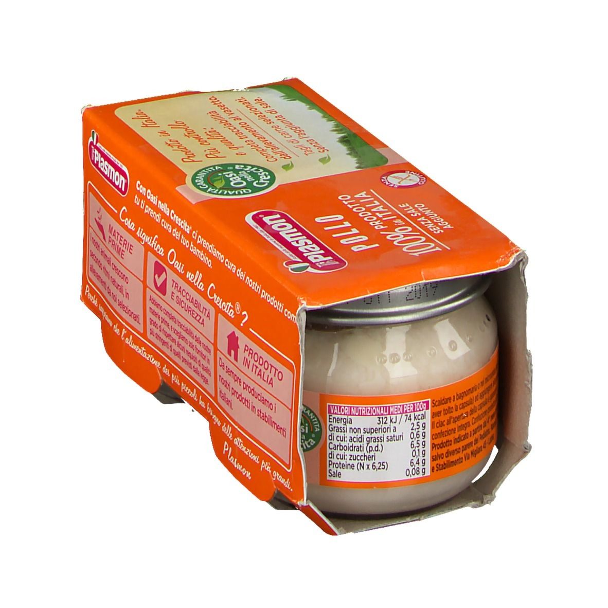 Retro confezione Plasmon® Pollo. Testo su ingredienti, origine e qualità. Logo: Oasi nella Crescita.