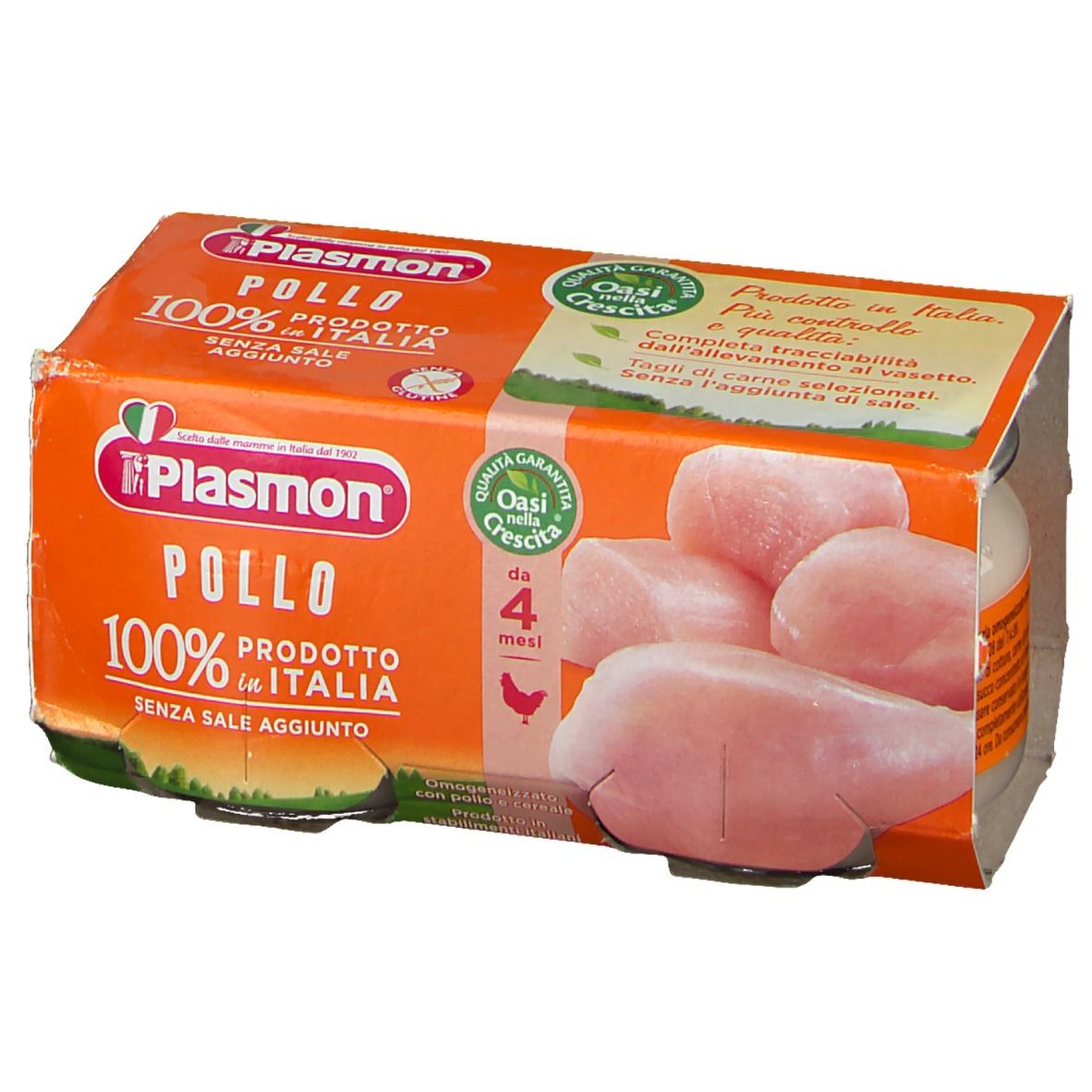 Vasetto Plasmon® Pollo in confezione di cartone. Scritta: 100% Italia, senza sale aggiunto. Pezzi di pollo.