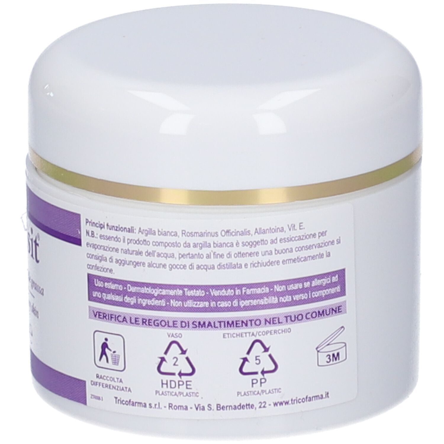 Vasetto bianco con bordo dorato. Etichetta viola con testo. Simboli di riciclaggio e logo 3M.