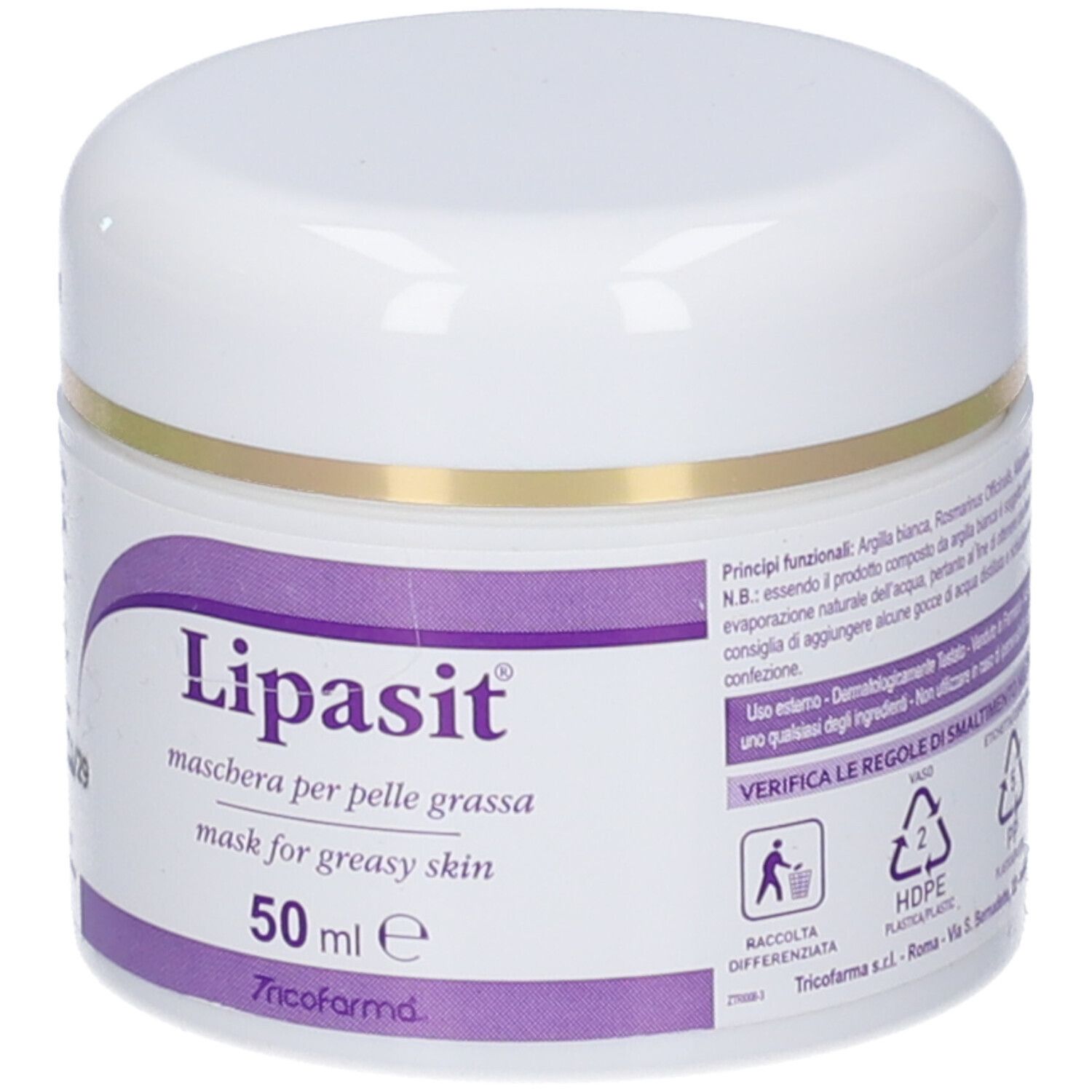Vasetto bianco con bordo dorato. Etichetta viola: Lipasit, maschera per pelle grassa, 50 ml. Logo Tricofarma.