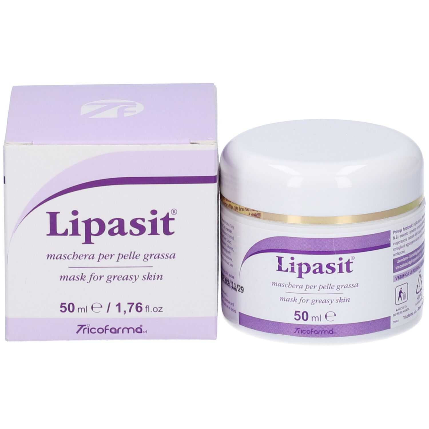 Confezione del prodotto: Vasetto e scatola bianchi. Scatola con testo viola: Lipasit, maschera per pelle grassa, 50 ml. Tricofarma.