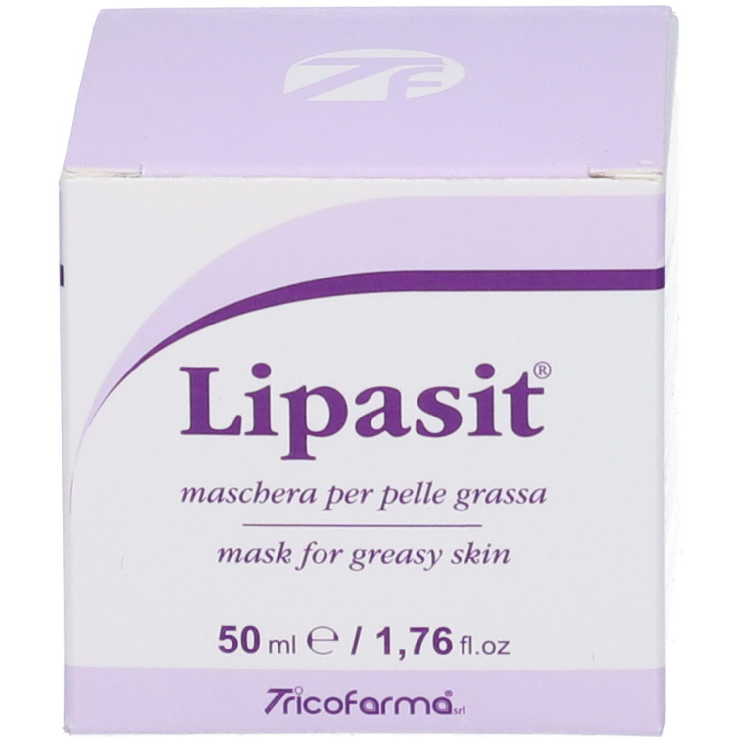 Scatola bianca con testo viola: Lipasit, maschera per pelle grassa, 50 ml. Logo Tricofarma. Design quadrato.