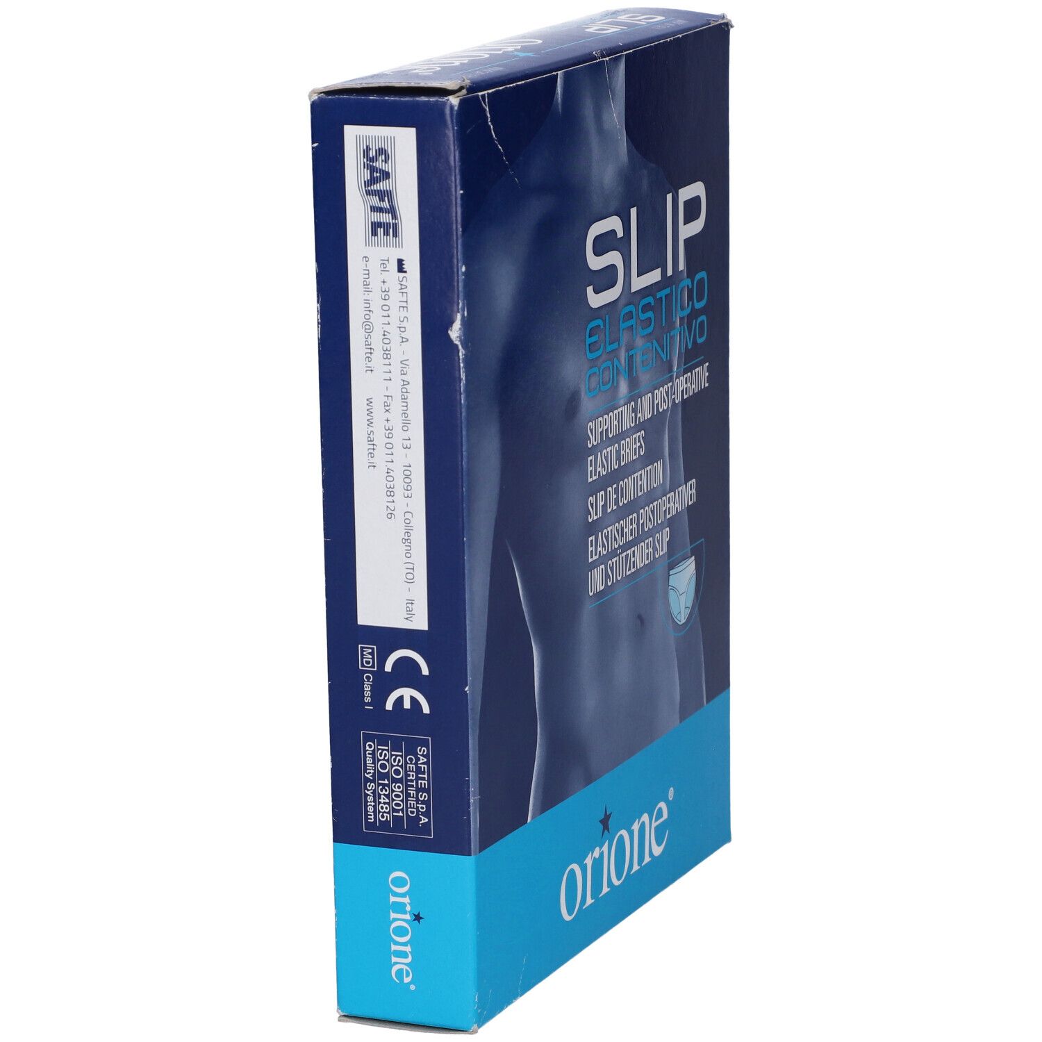 Confezione Orione Slip, vista laterale. Scritta: SLIP ELASTICO CONTENITIVO. Marchio Orione. Con marchio CE.