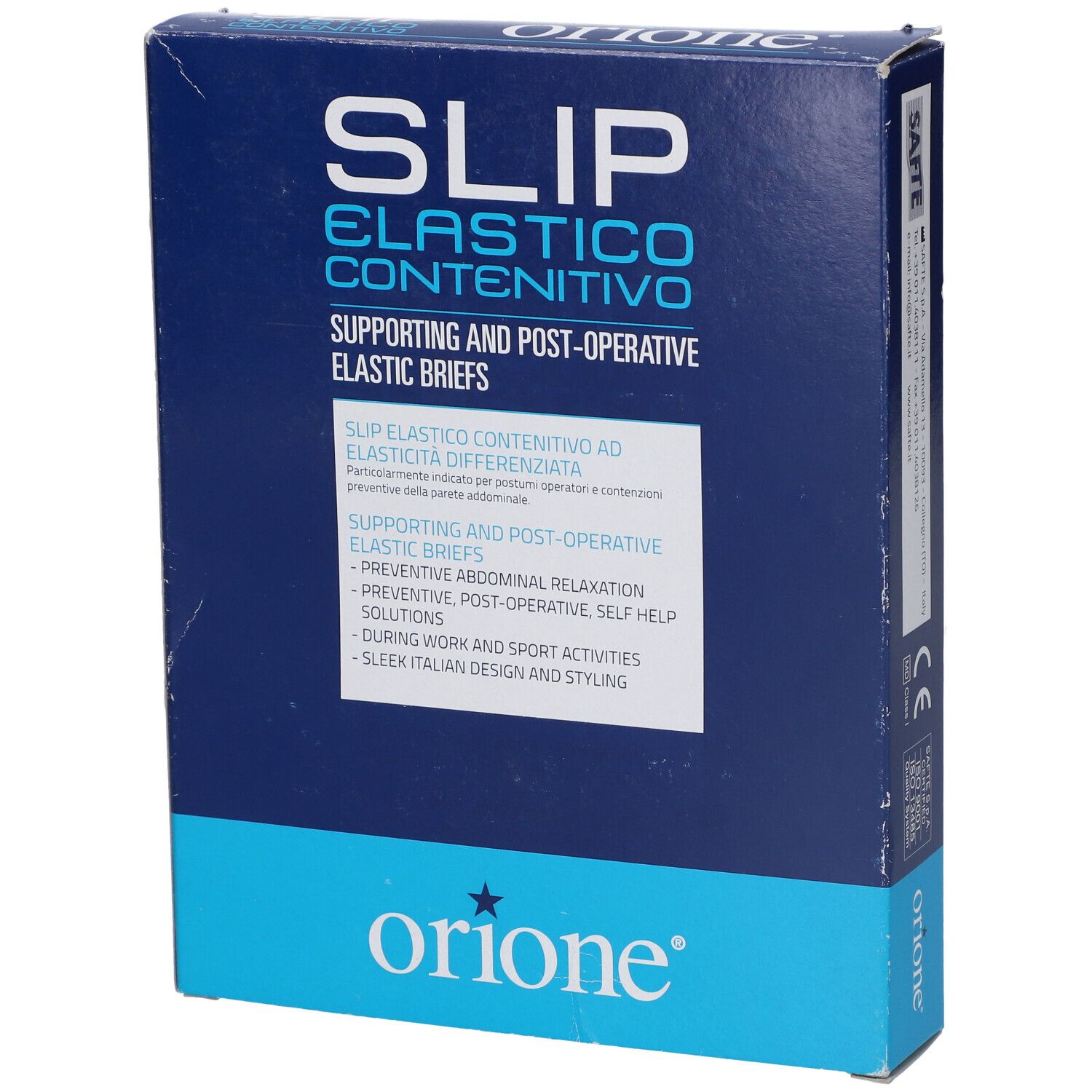 Confezione Orione Slip. Scritta: SLIP ELASTICO CONTENITIVO. Descrizione prodotto. Marchio Orione. Scatola blu.