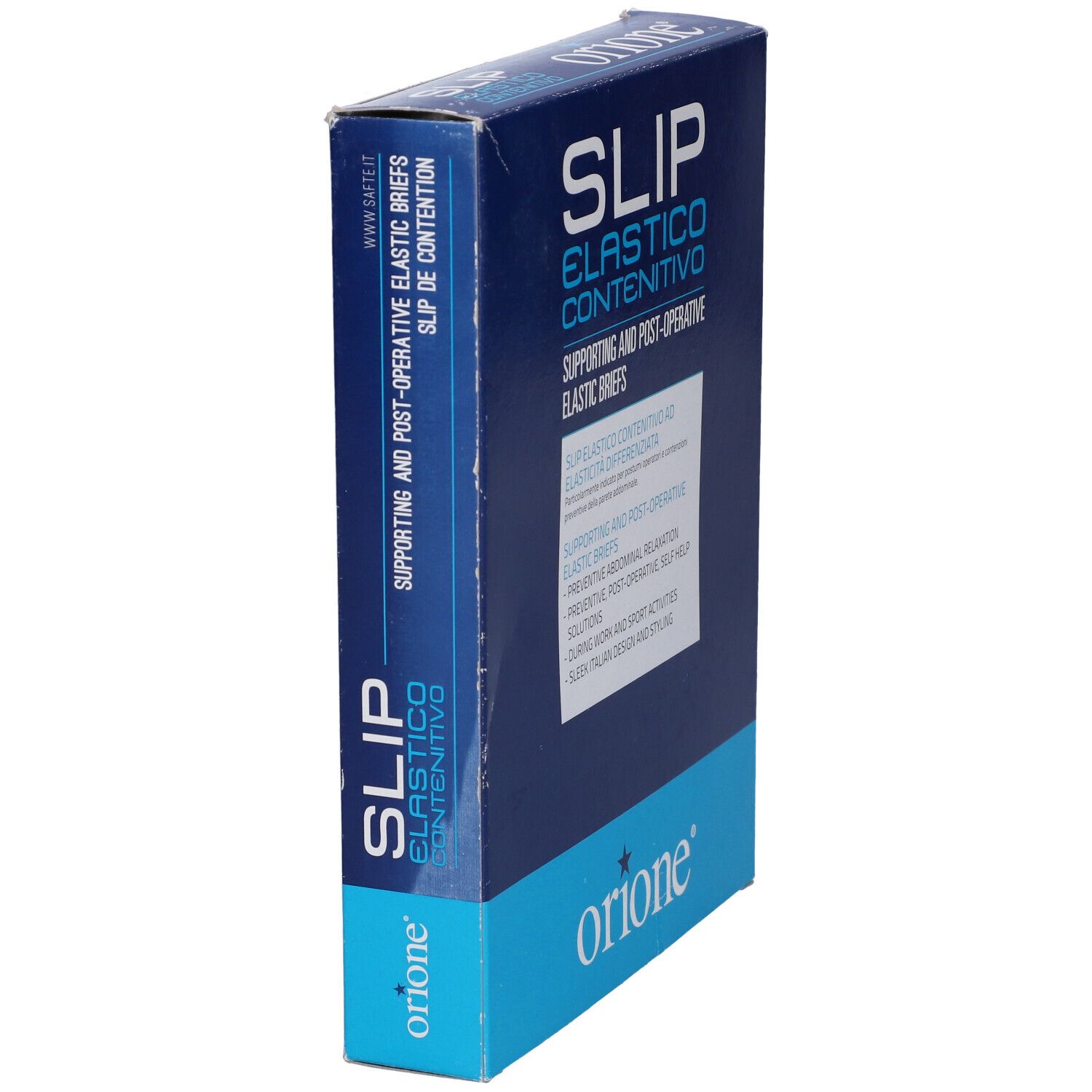 Confezione Orione Slip, vista laterale. Scritta: SLIP ELASTICO CONTENITIVO. Marchio Orione. Scatola blu.