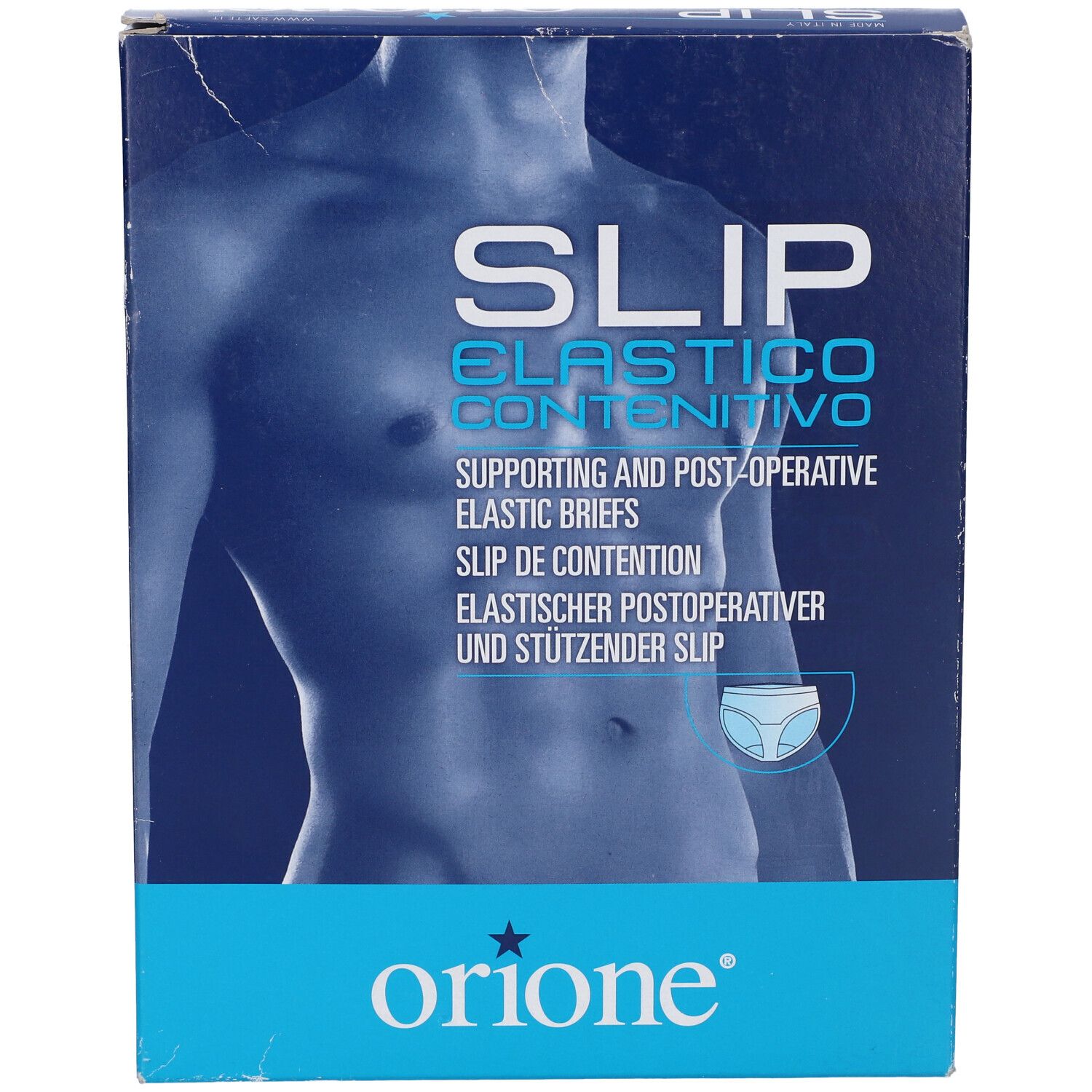 Confezione Orione Slip. Scritta: SLIP ELASTICO CONTENITIVO. Marchio Orione. Scatola blu con immagine del prodotto.
