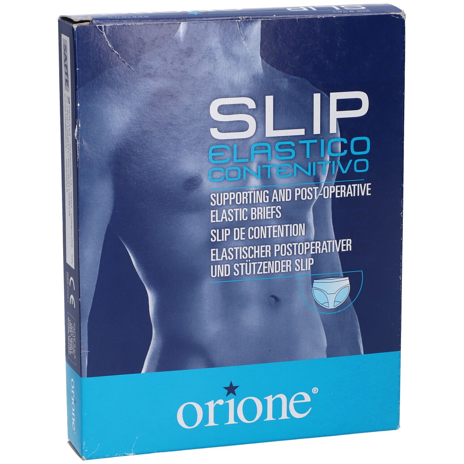Confezione Orione Slip. Scritta: SLIP ELASTICO CONTENITIVO. Marchio Orione. Scatola blu con immagine del prodotto.