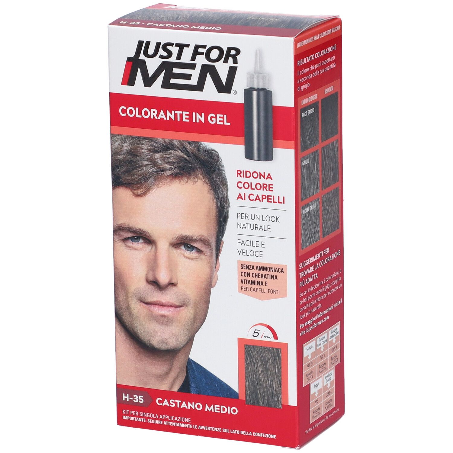 Just For Men Shampoo Colorante H35 Castano Medio Attivatore Chiaro 38,5 Ml + Base Colore 27,5 Ml