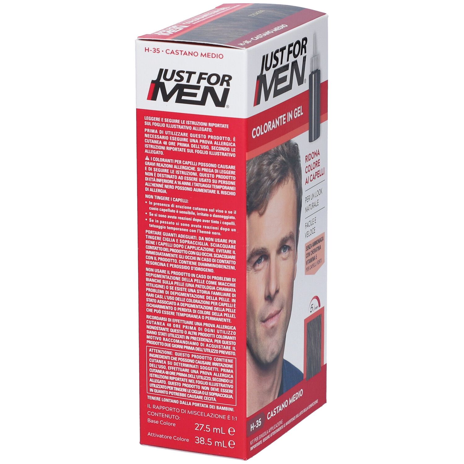Just For Men Shampoo Colorante H35 Castano Medio Attivatore Chiaro 38,5 Ml + Base Colore 27,5 Ml