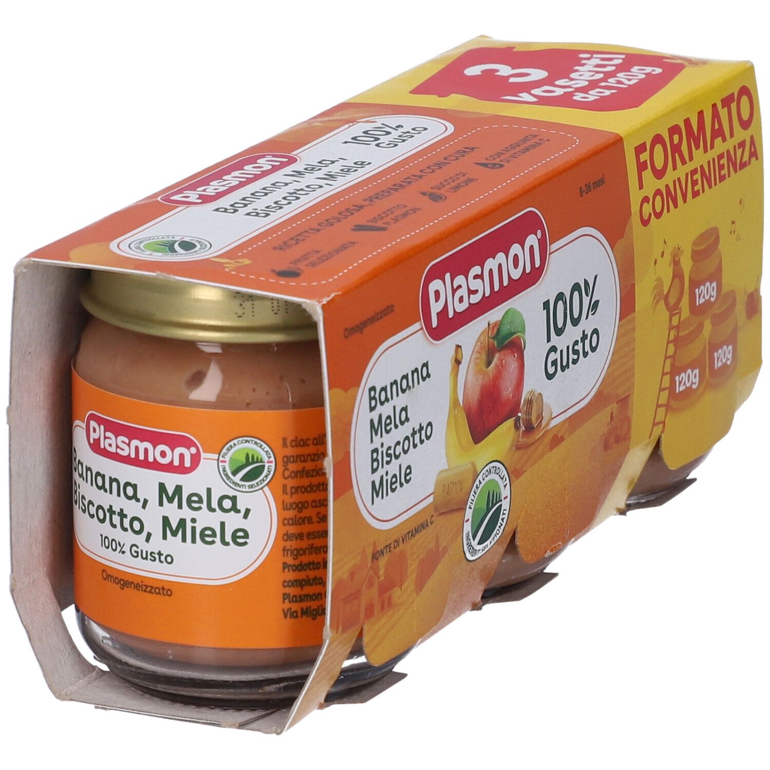 Vasetto Plasmon. Gusti: banana, mela, biscotto, miele. 100% gusto. Confezione con tre vasetti.