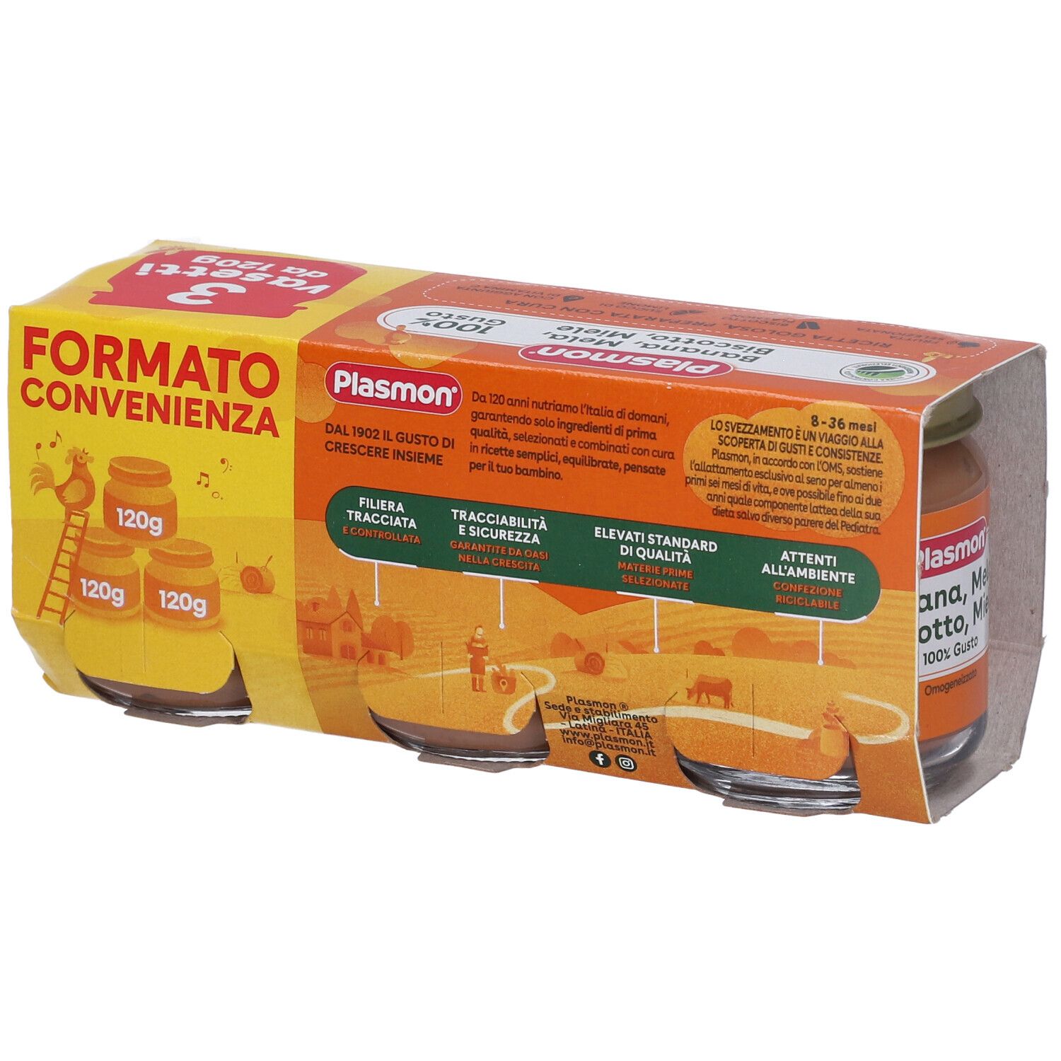 Retro confezione Plasmon con tre vasetti. Testo su ingredienti, qualità e sicurezza.