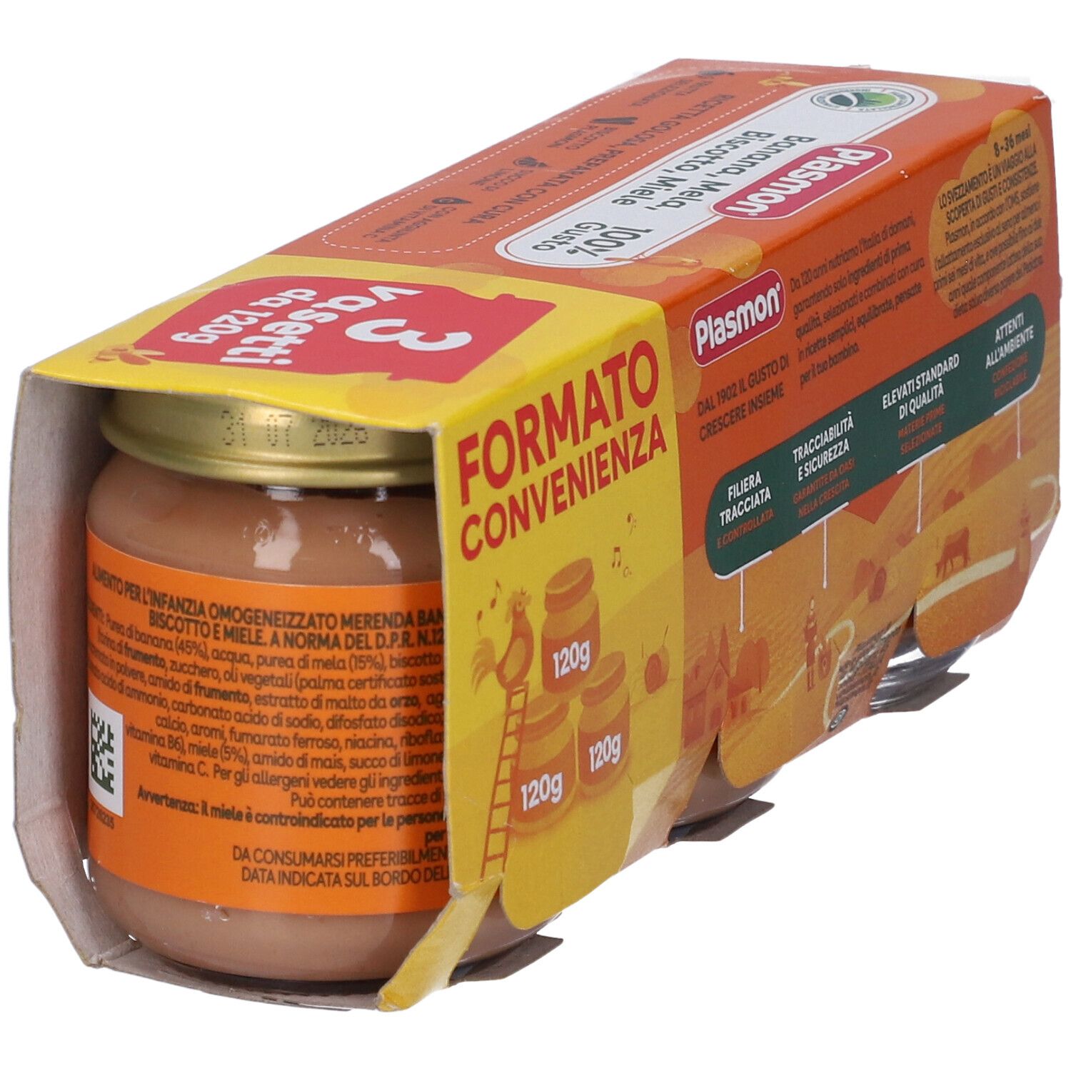 Confezione Plasmon con tre vasetti. Gusti: banana, mela, biscotto, miele. 100% gusto. 3 vasetti da 120g.