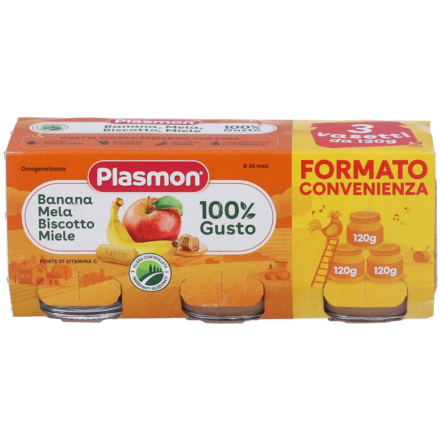 Confezione Plasmon con tre vasetti. Gusti: banana, mela, biscotto, miele. 100% gusto. 3 vasetti da 120g.