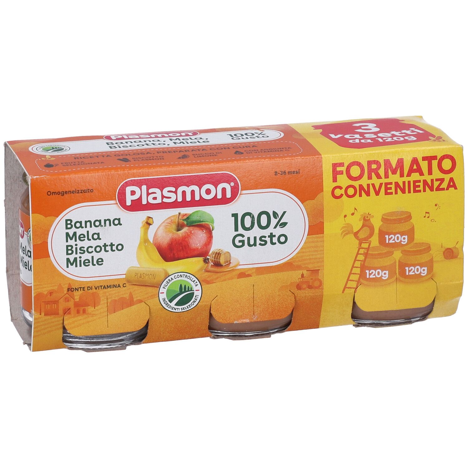 Confezione Plasmon con tre vasetti. Gusti: banana, mela, biscotto, miele. 100% gusto. 3 vasetti da 120g.