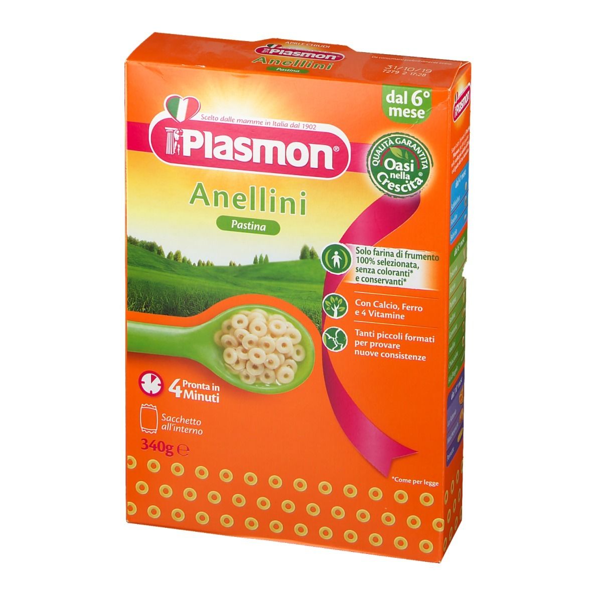 Scatola arancione Plasmon Anellini. Cucchiaio verde con pasta ad anelli. Testo: « Pronta in 4 minuti » e « 340g e ». Sigillo « Oasi nella Crescita ».