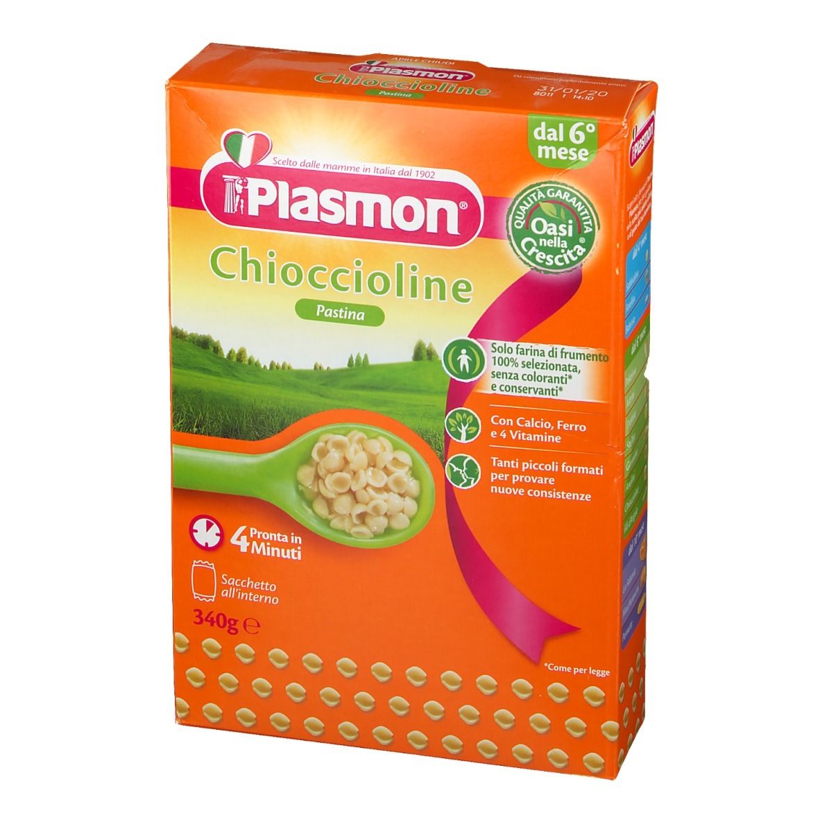 Confezione arancione Plasmon Chioccioline. Testo: dal 6° mese, Oasi nella Crescita, 4 minuti, senza conservanti.