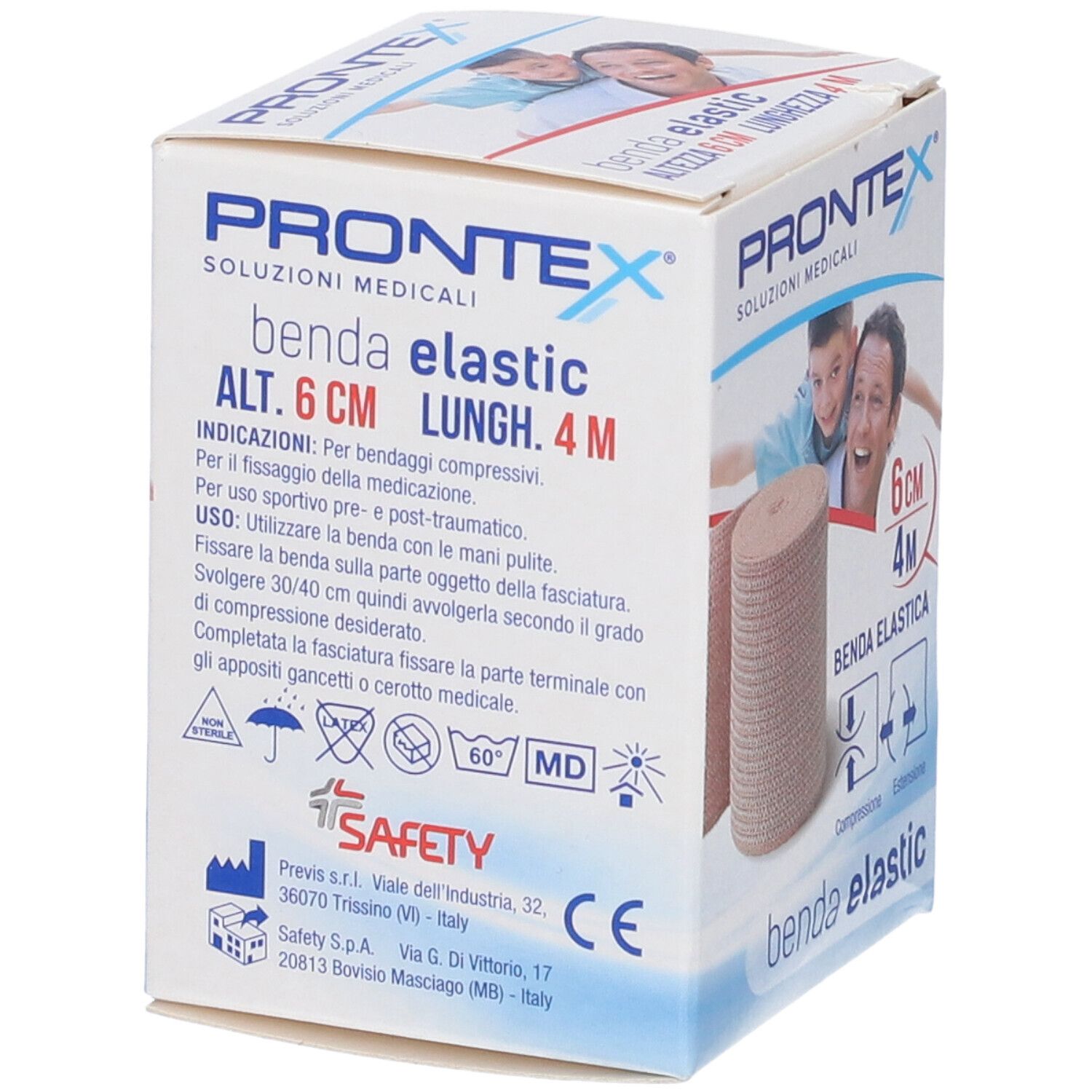 Confezione di benda elastica Prontex. Scritte: Prontex, Benda Elastic, 6 cm x 4 m. Testo sull'uso. Marchio CE.
